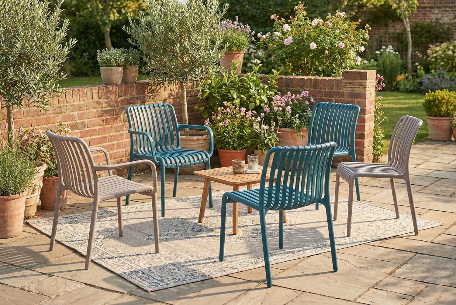 2 x Outdoor Stackable Dining Chair, All-Weather Plastic Patio Chair, Pool Side Chair, Modern Slatted Design for Balcony, Garden, Backyard, Indoor & Outdoor Use (Armless, Teal Blue)