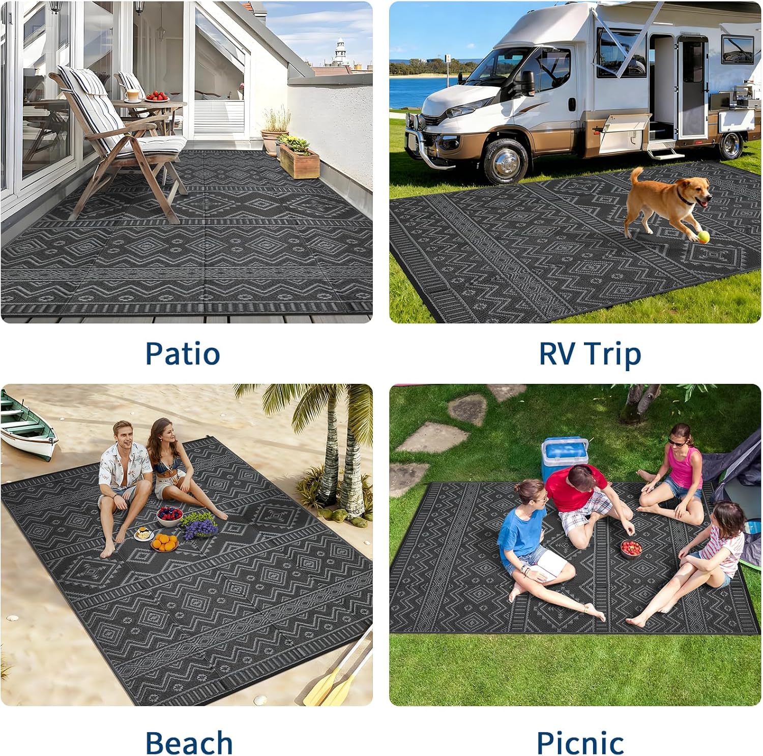 Boho 9x18 Waterproof Outdoor Rug, Reversible Plastic Straw Mat, Tribal Geometric Washable RV Camping Carpet, Foldable UV Resistant Deck Rug for Picnic Backyard Balcony Porch Patio, Gray