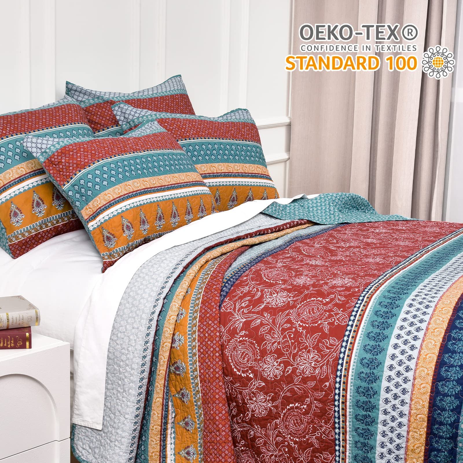 PHF 100% Cotton Boho Quilt Set King Size, 3PCS Pre-Washed Lightweight Bedspread for All Season, Drop Nicely, 1 Floral Reversible Coverlet 108" x 90" and 2 Pillow Shams 20" x 36", Red