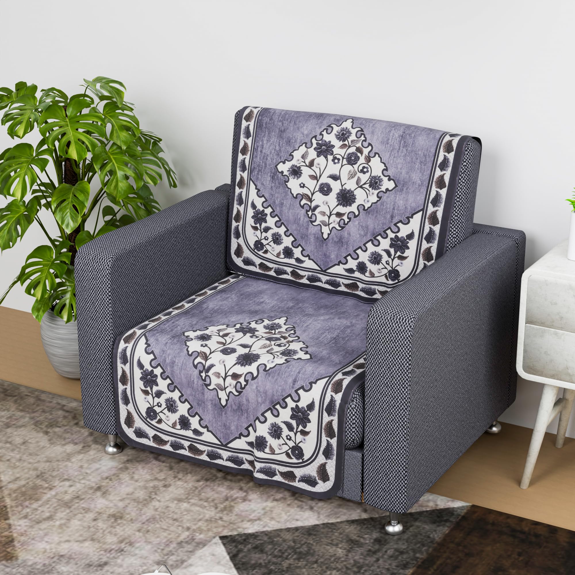 Kuber Industries Net Single Seater Sofa Cover - Couch Slip Cover Set for Home and Living Room - Flower Digital Triangle Border Print-753 - Grey-image-4