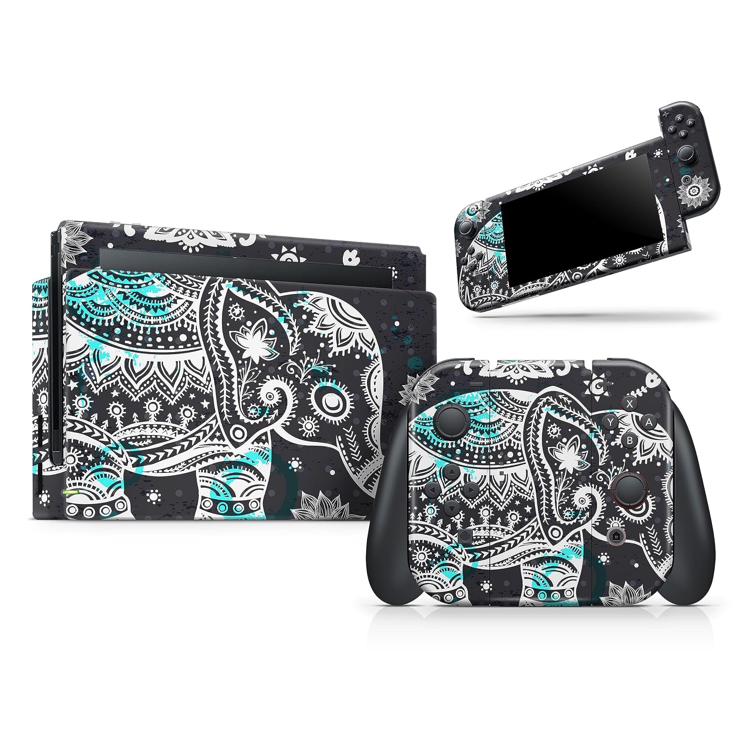 DesignSkinz - Compatible with Nintendo OLED Switch Console Bundle - Skin Decal Protective Scratch Resistant Vinyl Wrap Gaming Cover- Aztec Elephant Blue Accented Modern Illustration