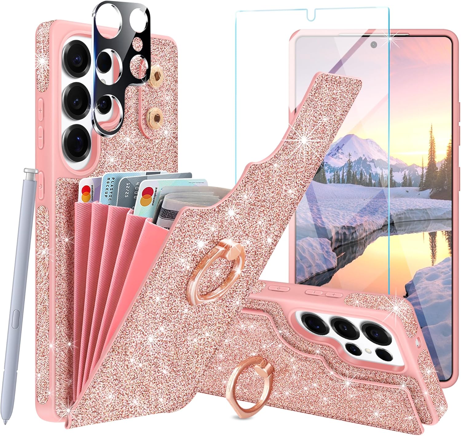 Wallet Case Compatible with Samsung Galaxy S25 Case,with[Screen Protector + Camera Lens Protector]Glitter Flip Case with 5 Card Holder 360°Rotation Ring Stand Shockproof Cover,6.2 Inch,White