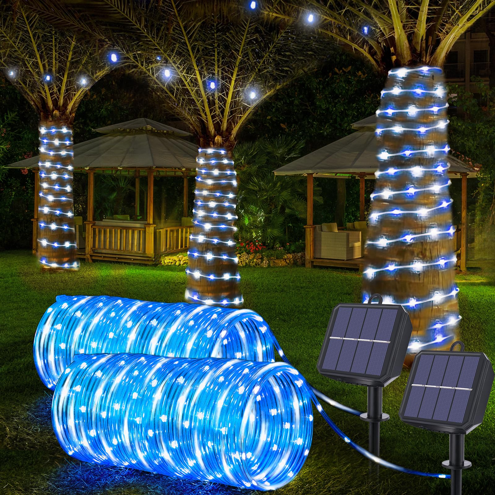 Solar Rope Lights, 2 Packs Total 66ft 200LED Solar String Lights, 8 Modes Waterproof Solar Powered Outdoor Light, Flexible Clear Tube Light for Garden Yard Patio Deck Porch Tree Xmas Decor-White&Blue