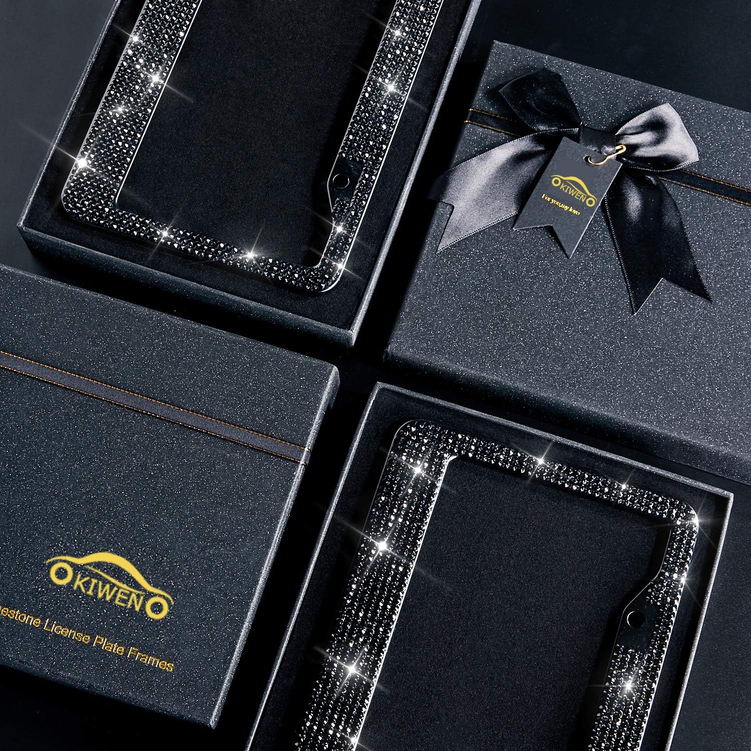 bling license plate frames with high end ribbon gift box,2 pack rhinestone license plate frame,handcrafted crystal premium stainless steel bling license plate frame for women,party,birthday,xms gift black