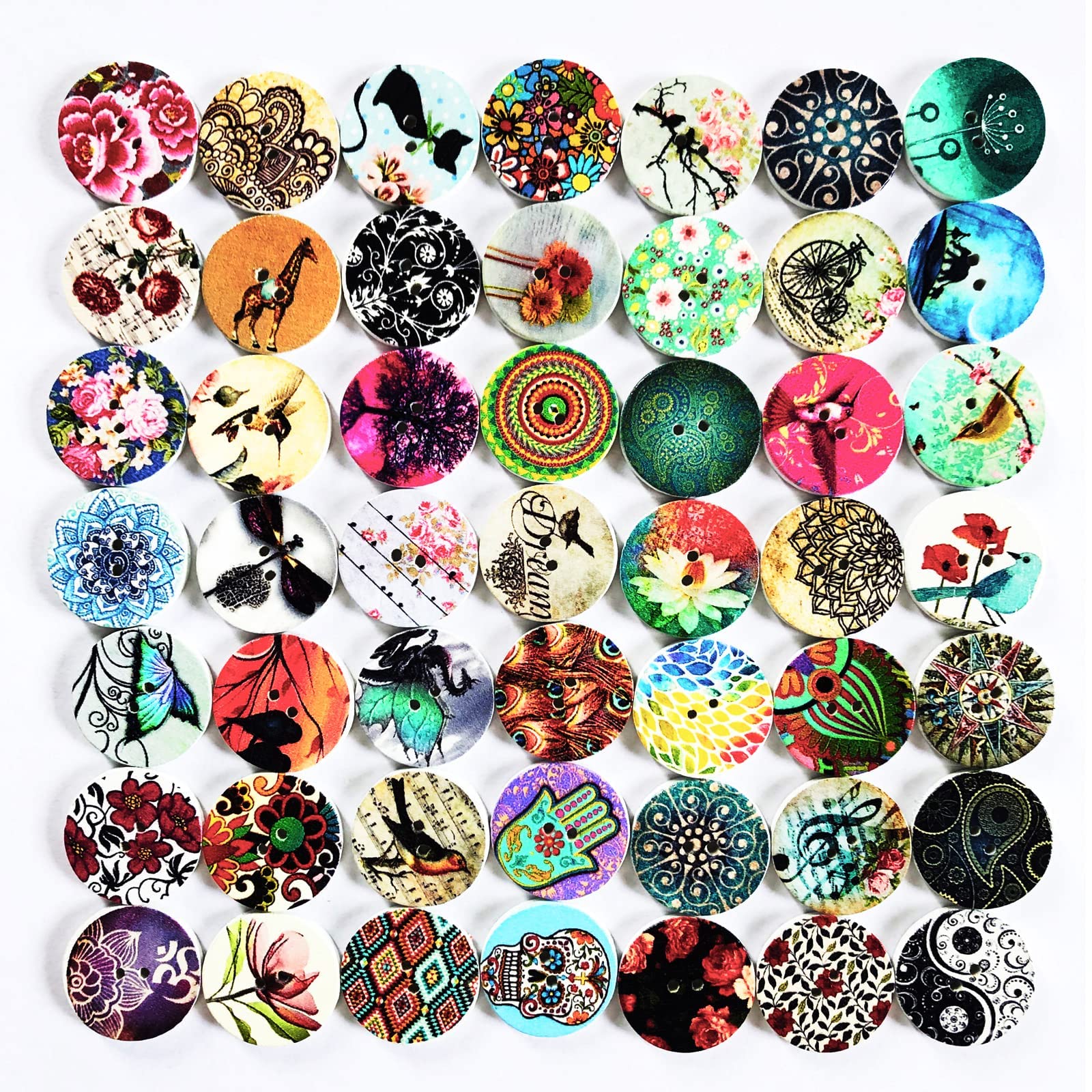 Alfykym 200pcs Wooden Painting Round Buttons Bulk Wooden Craft Round Painting Buttons Mixed Random Flower or Animals Paintings Round Buttons for Sewing DIY Crafts Decoration