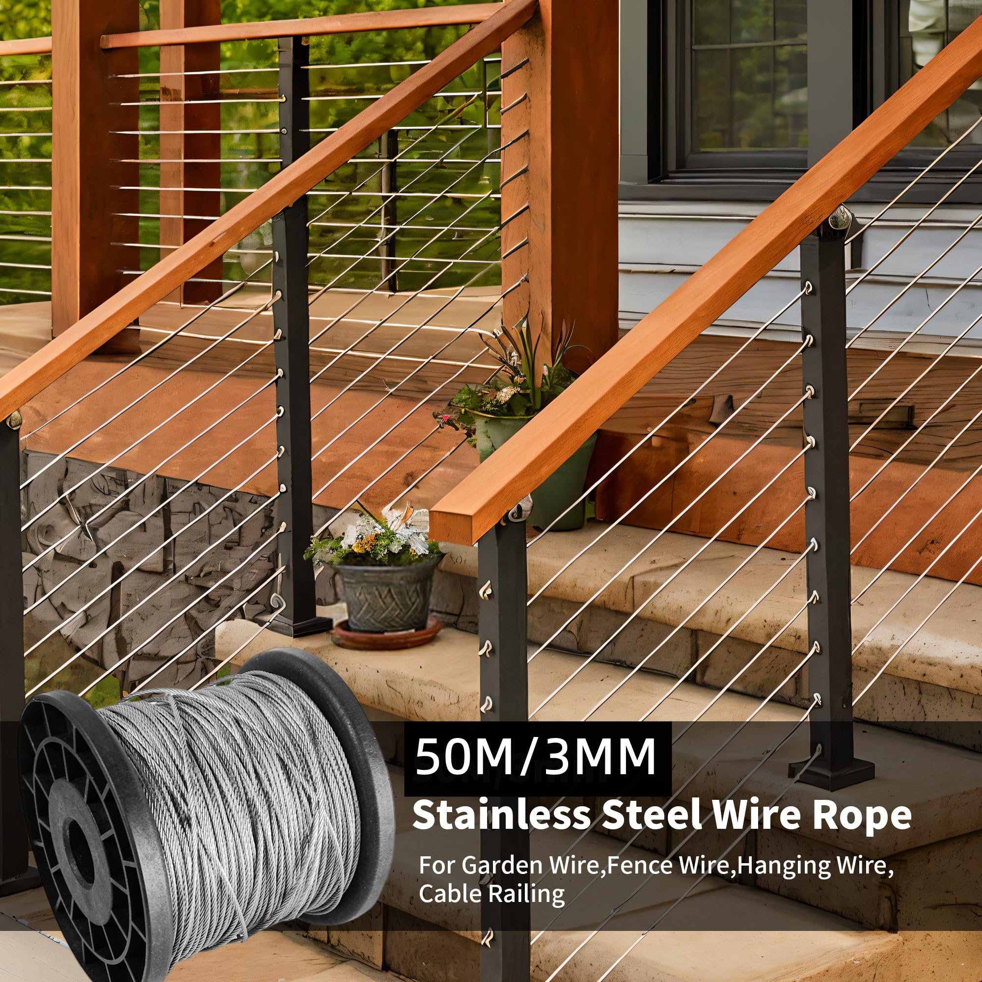 50m Cable Acier 3mm, Cable Inoxydable pour Plante Grimpante Exterieur, Cable Métallique avec Accessoires