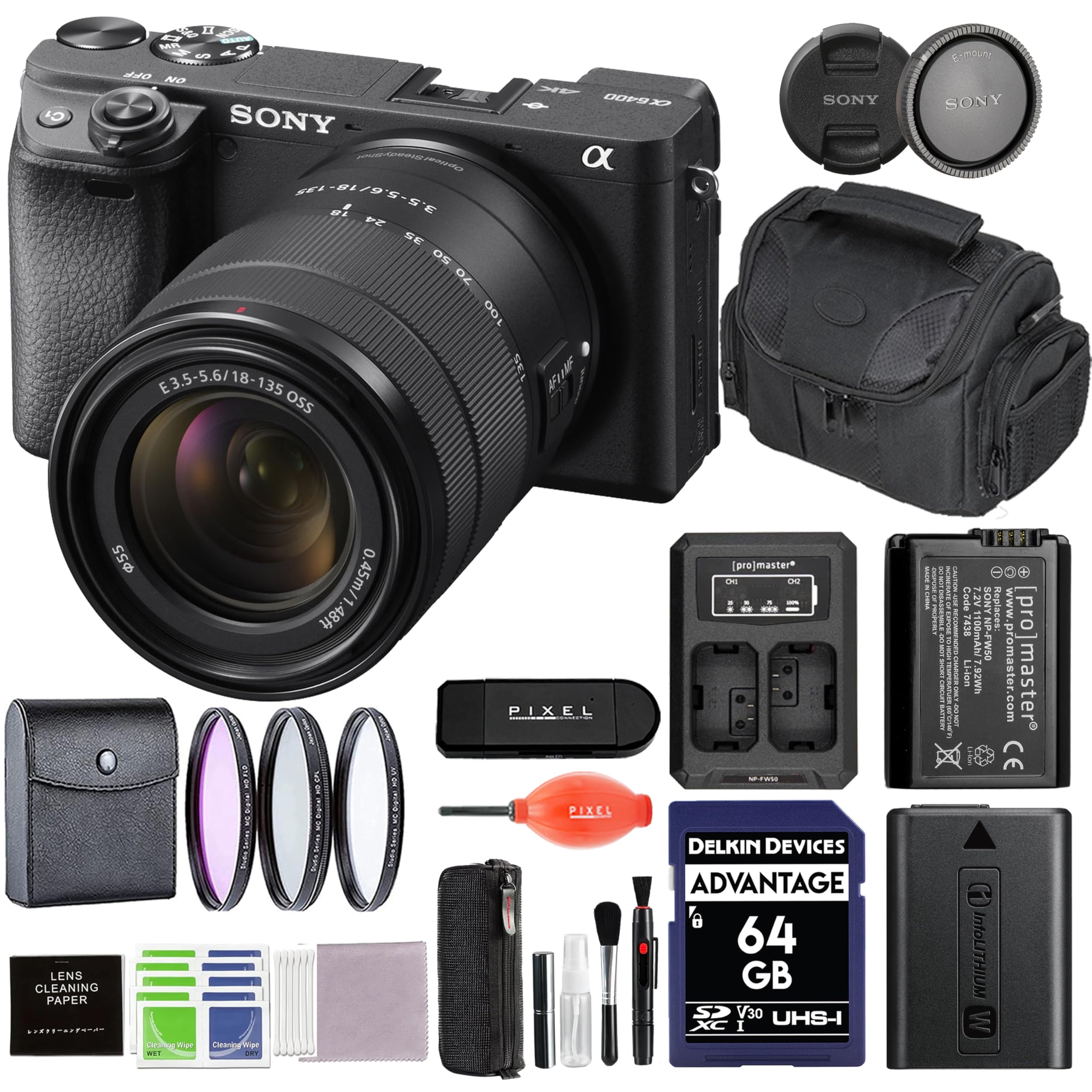 Sony a6400 Mirrorless Camera with 18-135mm f/3.5-5.6 Lens Bundle with Extra Battery & Charger, Gadget Bag, 55mm 3PC Filter Kit and Additional