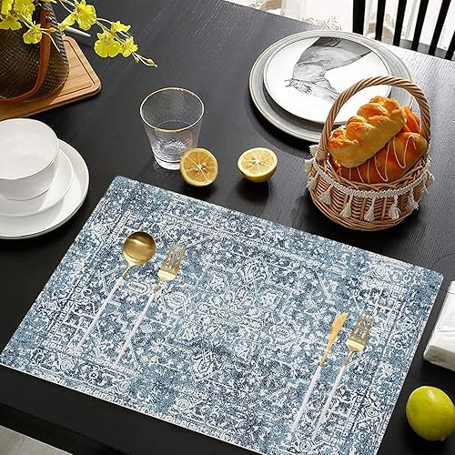 Miniatura 2 de Juego de 4 manteles individuales color azul bohemio para interiores, tela de lino étnica, lavables, resistentes al calor, para mesas de cocina,