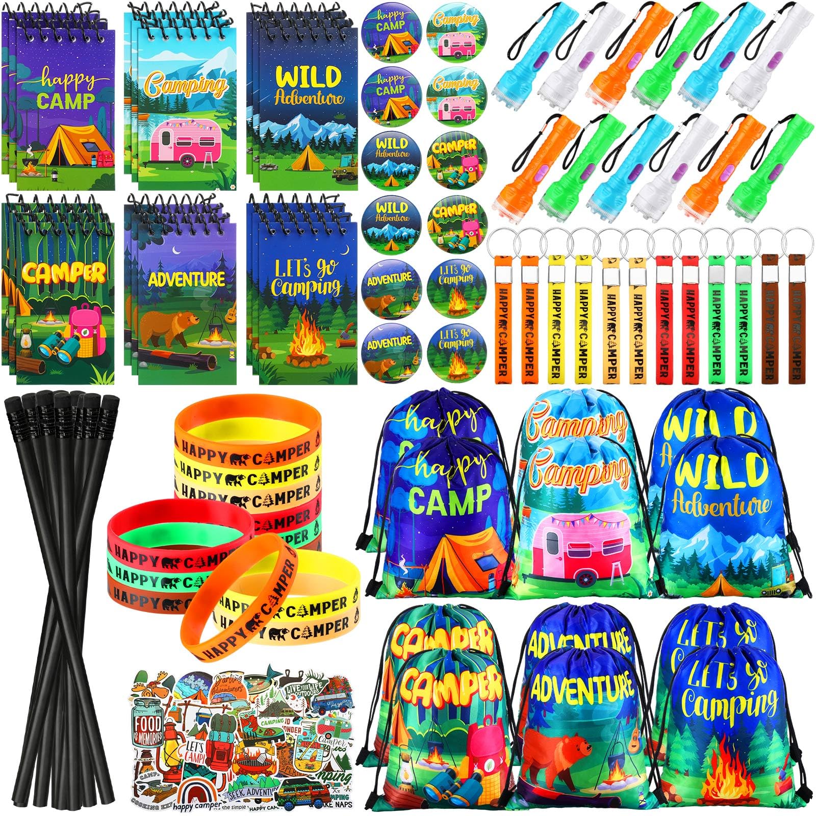 Zhanmai 140 Pcs Camping Party Favors Gifts Silicone Bracelets Stickers Camping Keychain Badge Camouflage Pencils Spiral Camp Adventure Theme Notepads