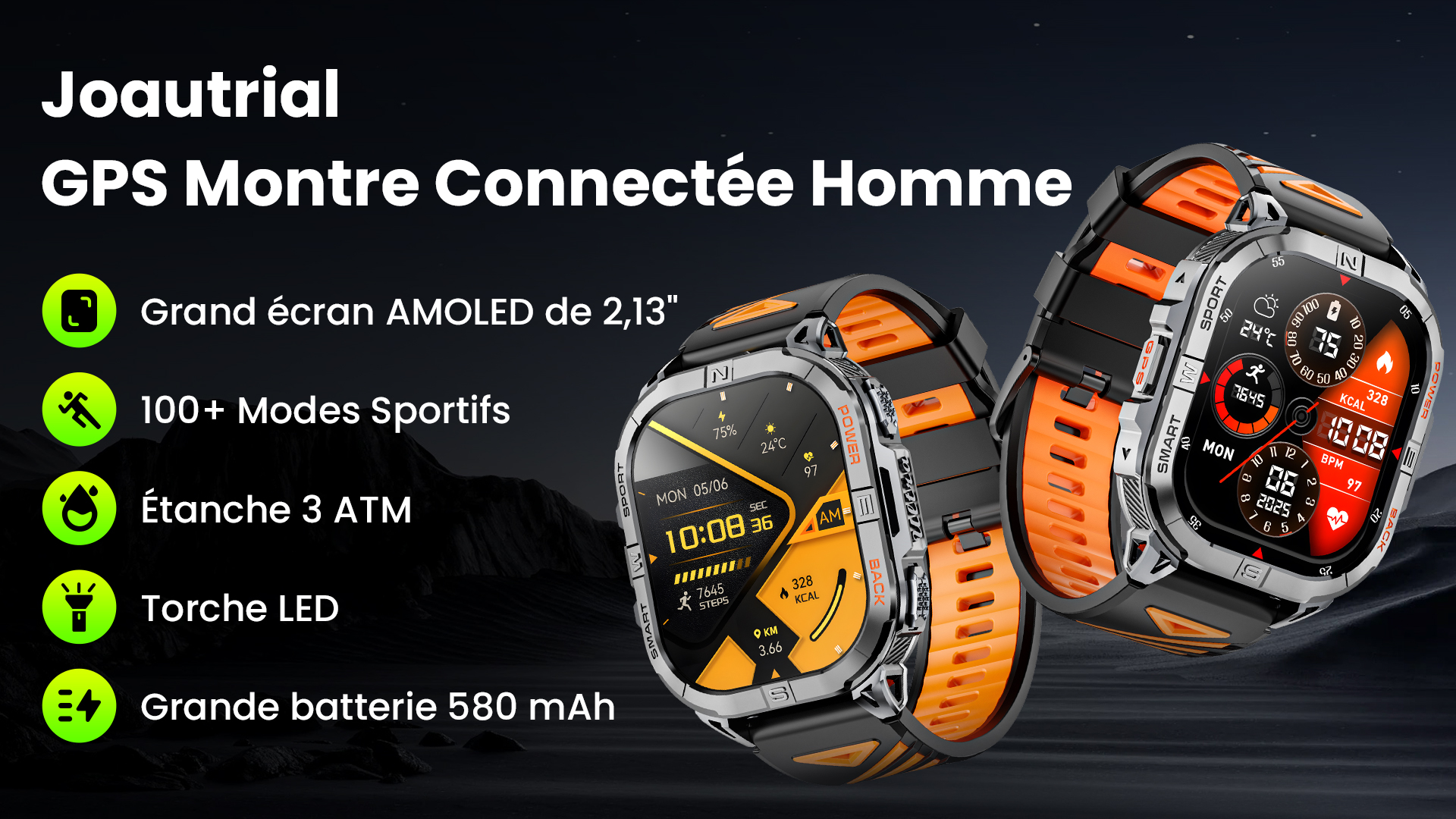 Montre Connectée GPS Joautrial Homme - Écran AMOLED 1,6", 170+ Modes Sport, étanche 5ATM, Batterie Longue Durée - 11