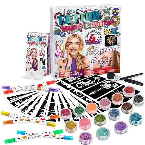 FunKidz - Kit de tatuajes para niños de 8 a 12 años, 6 puntas dobles, brocha brillante, marcadores de arte corporal para piel, más kits de tatuaje