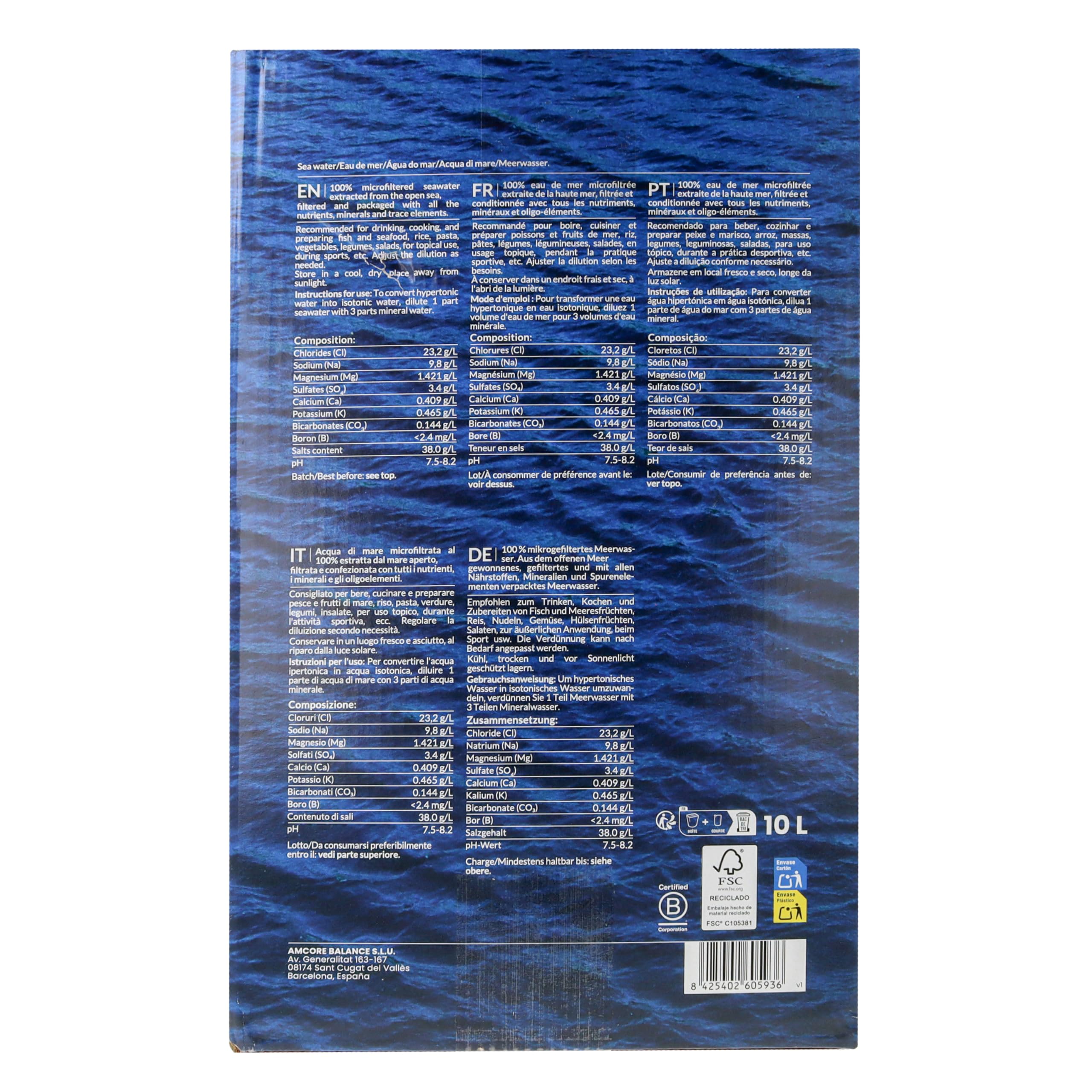 Agua Marina | 10 L Bag in Box con Surtidor | Naturitas Essentials | Agua de Mar Hipertónica 100% Pura y Microfiltrada | Para Beber y Cocinar | Rica en Sales Minerales