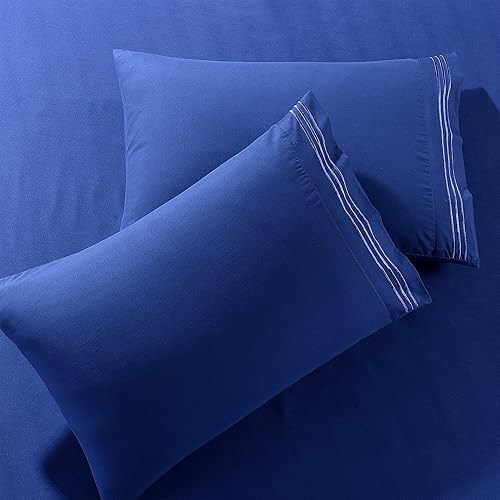 Pure Bedding Fundas de almohada Queen 2 unidades, azul marino  Funda de almohada de lujo de hotel  Tejido satinado, microfibra de alta calidad,