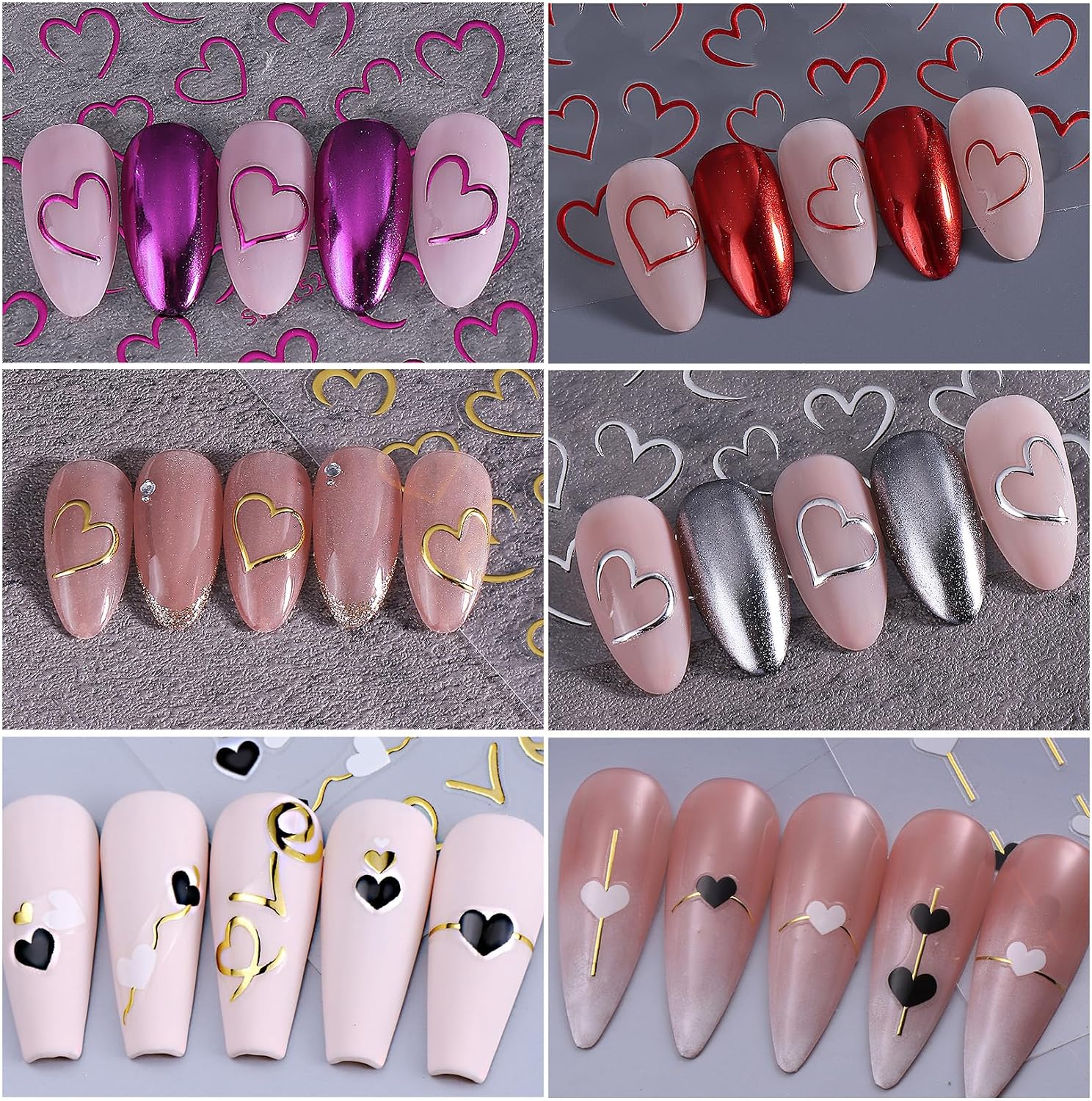 Heart Nail Stickers for Nail Art 12PCS 3D Hollow Heart Nail Decals Self-Adhesive Pink Purple Gold Silver Valentine's Day Stripe Design Nail Supplies for Women DIY Valentine Wedding Manicure Decoration