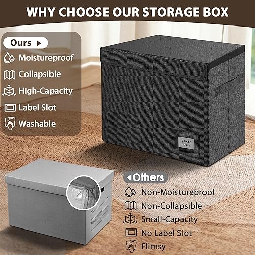 Vista 2 de Leffis Paquete de 3 cajas de cómics plegables y apilables con tapa y ranura para etiquetas de 15.5 x 7.5 x 11.3 pulgadas, capacidad para 150 cómics