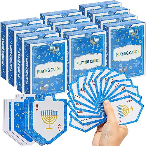 Zubebe Paquete de 12 cartas de juego de Hanukkah en forma de Dreidels, cartas de juego estándar a granel para actividades de cartas, suministros de