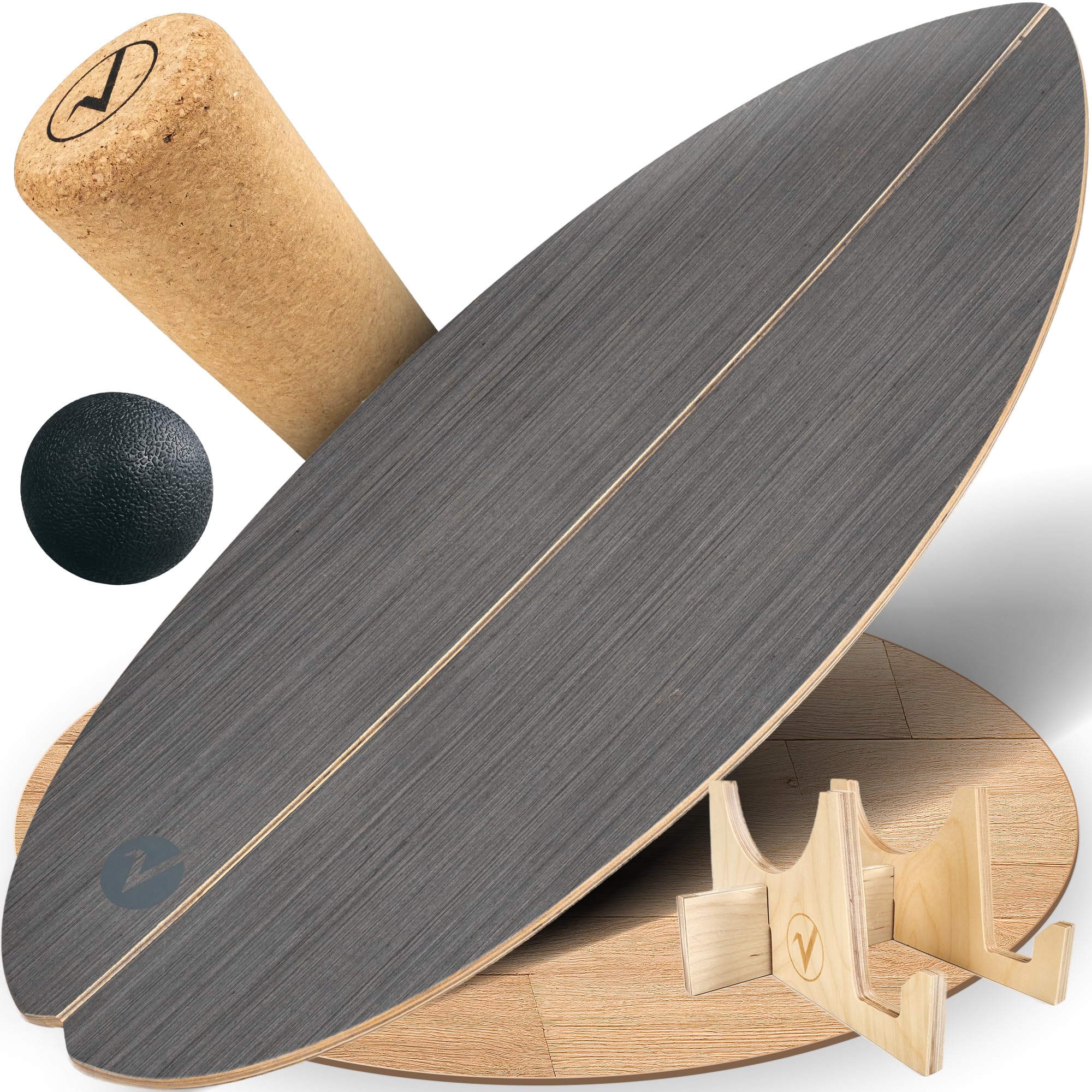 Balance Board aus Holz in – mit abgerundeten Ecken – inkl. Rolle für Neuromuscular Response Training +Plus: Halterung & Ball