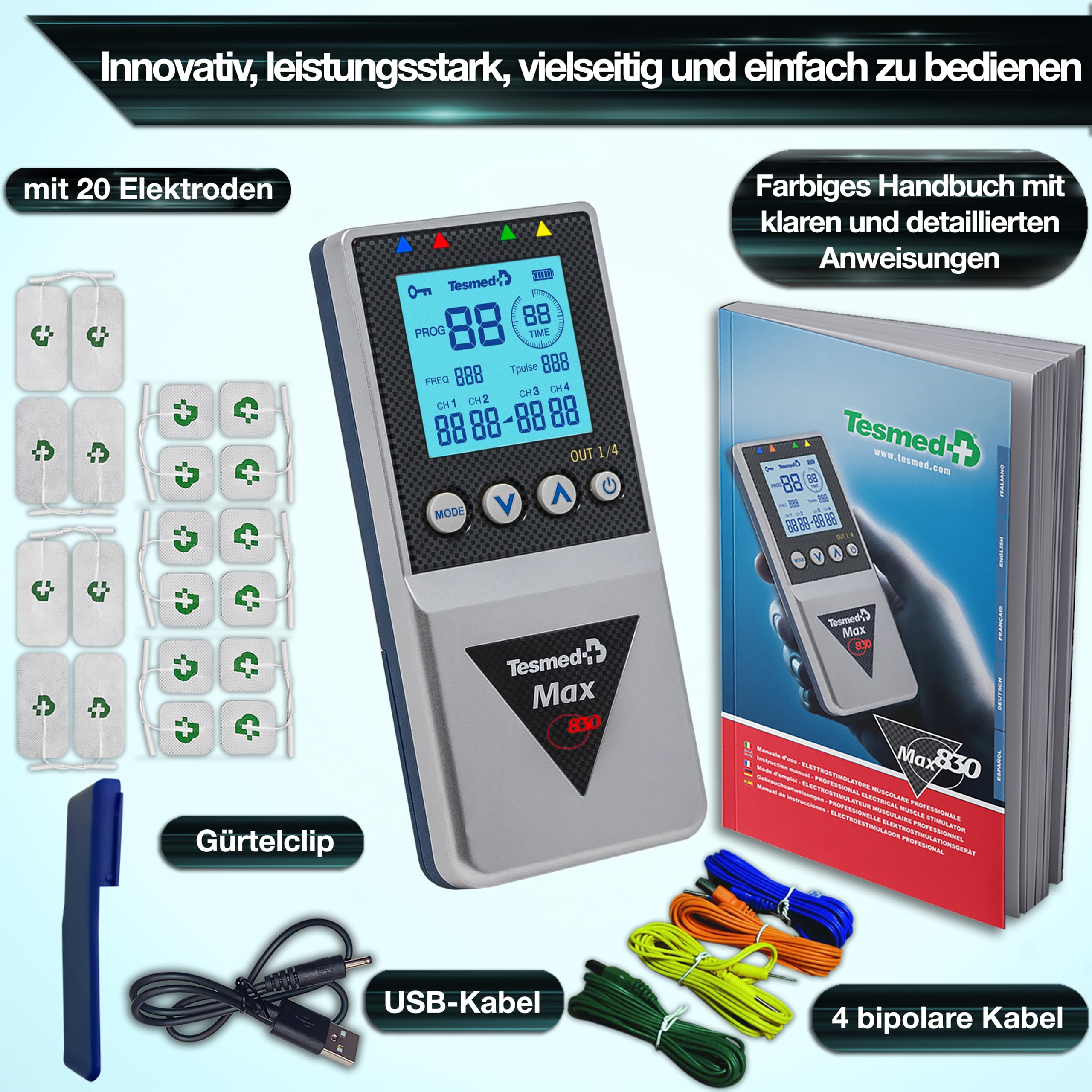 TESMED Max 830: Professionelles TENS/EMS/Massagegerät mit sequentieller Stimulation, 4 Kanäle, 115 Programme, Davon 20 Anpassbar, Wiederaufladbar, Inklusive 20 Elektroden