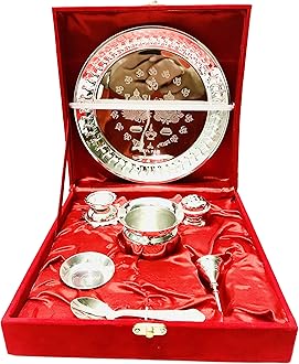 Silver Pooja thali Set bhog diwali Puja Set for Navratri/Navaratri Pooja Wedding Diwali Aarti karwa chauth Red Velvet Box - 8.5 inch