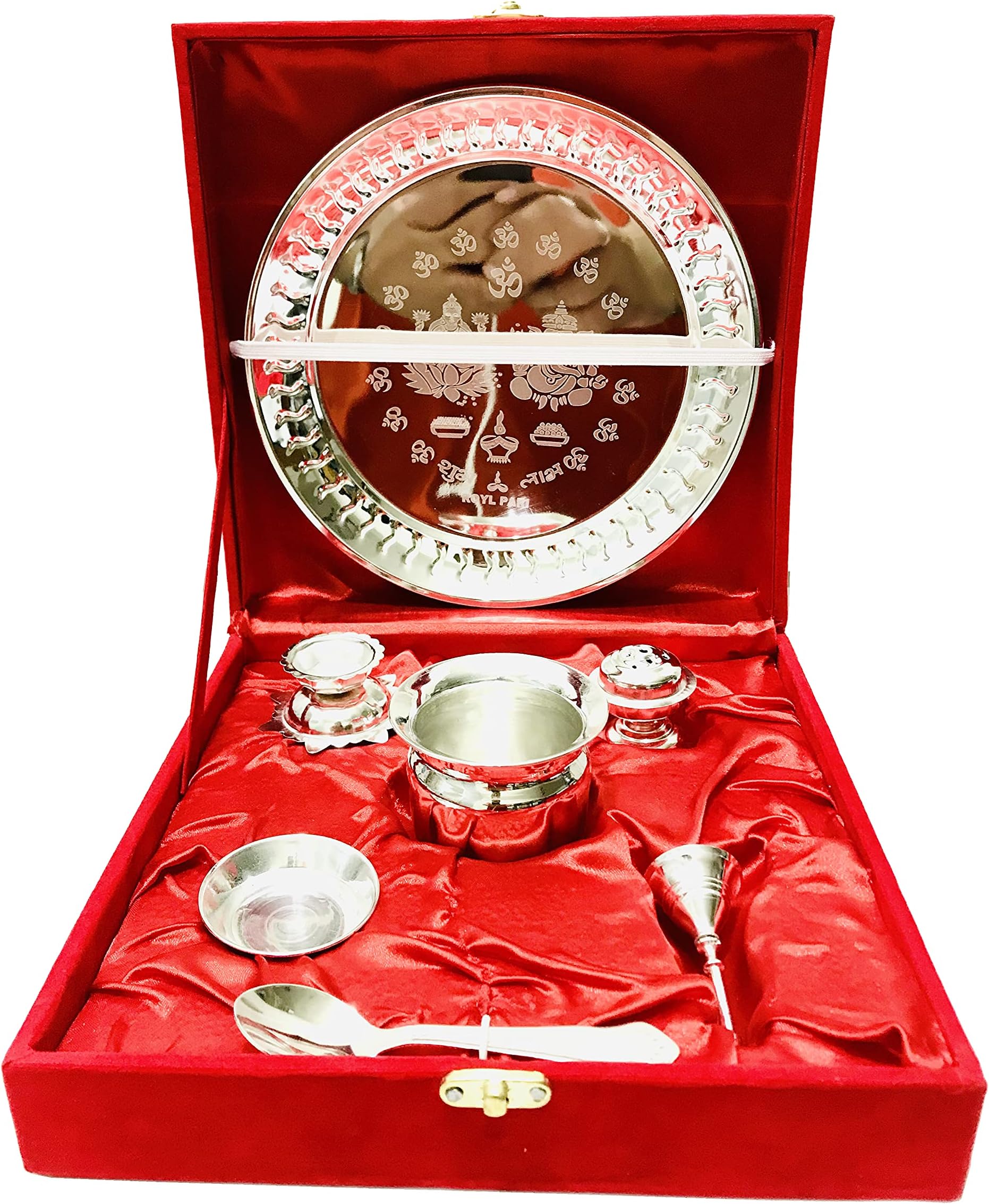 Silver Pooja thali Set bhog diwali Puja Set for Navratri/Navaratri Pooja Wedding Diwali Aarti karwa chauth Red Velvet Box - 8.5 inch