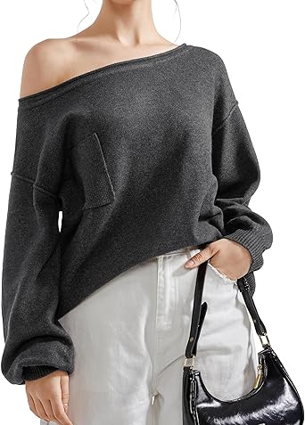 SUUKSESS Women Off The Shoulder Fall Sweaters Long Sleeve Boat Neck Oversized Pullover Sweater Tops