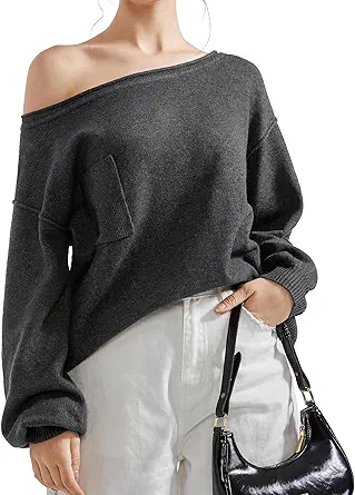 SUUKSESS Women Off The Shoulder Fall Sweaters Long Sleeve Boat Neck Oversized Pullover Sweater Tops