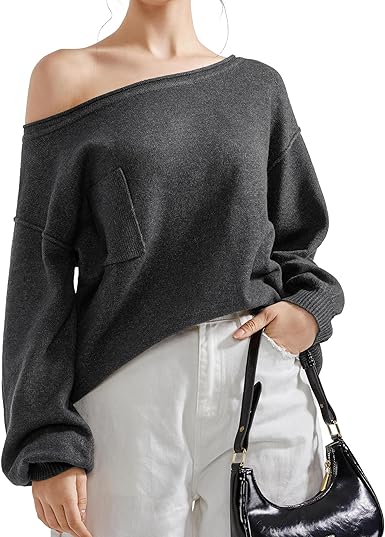 SUUKSESS Women Off The Shoulder Fall Sweaters Long Sleeve Boat Neck Oversized Pullover Sweater Tops