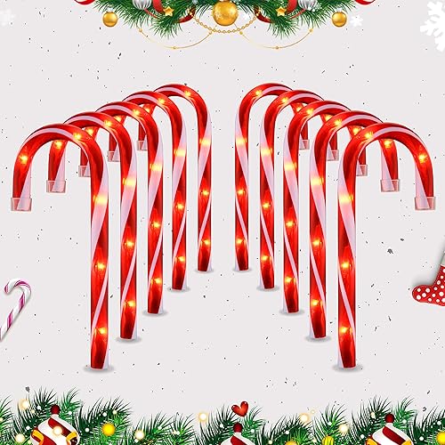 Luces de bastón de caramelo de Navidad de 10 para decoración de paisaje, luces LED (incluye estacas)
