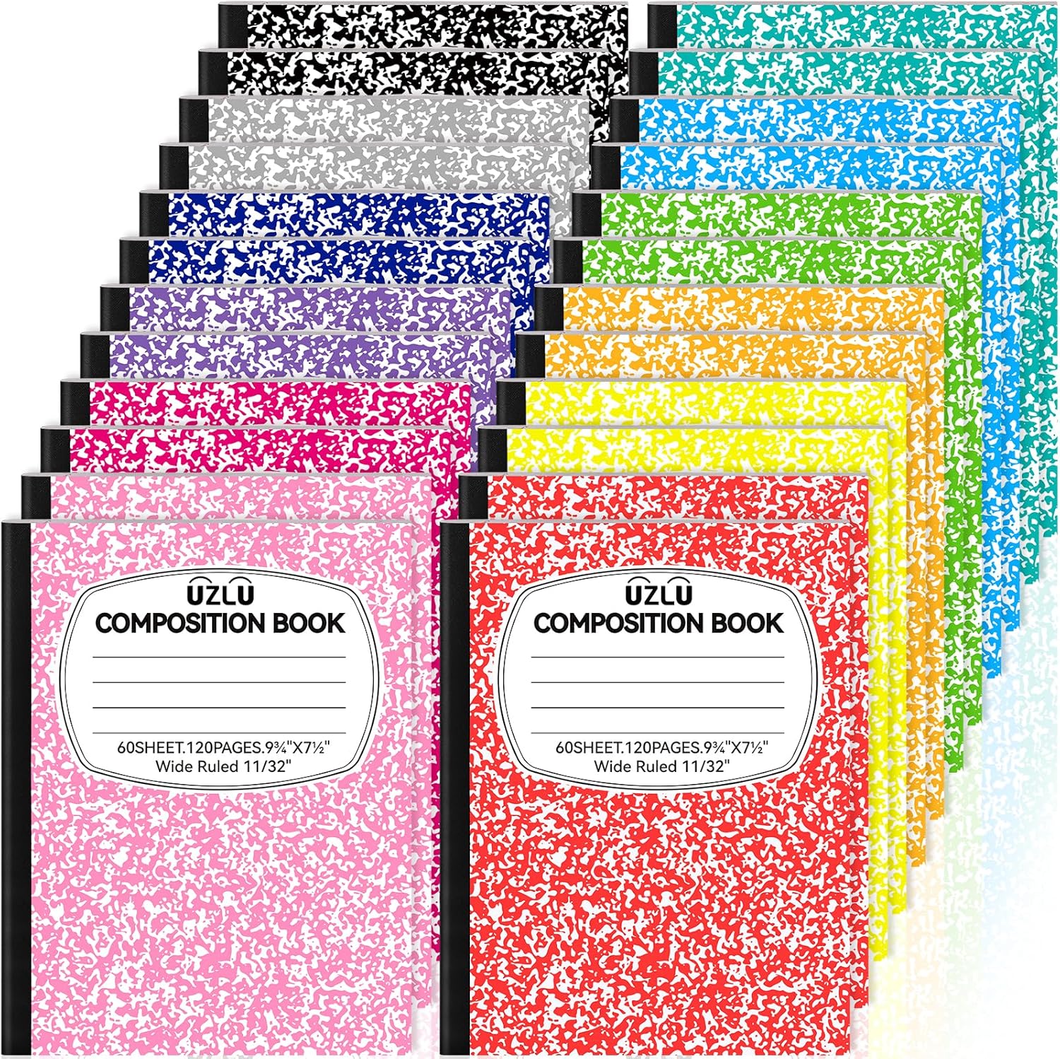 24 Pack Large Composition Notebooks Bulk 9.75 x 7.5 in Wide Ruled Composition Books 12 Color Assorted Marble Journal Notebook 60 Sheets per Book for Aldult Student College Office Back to School Supplies