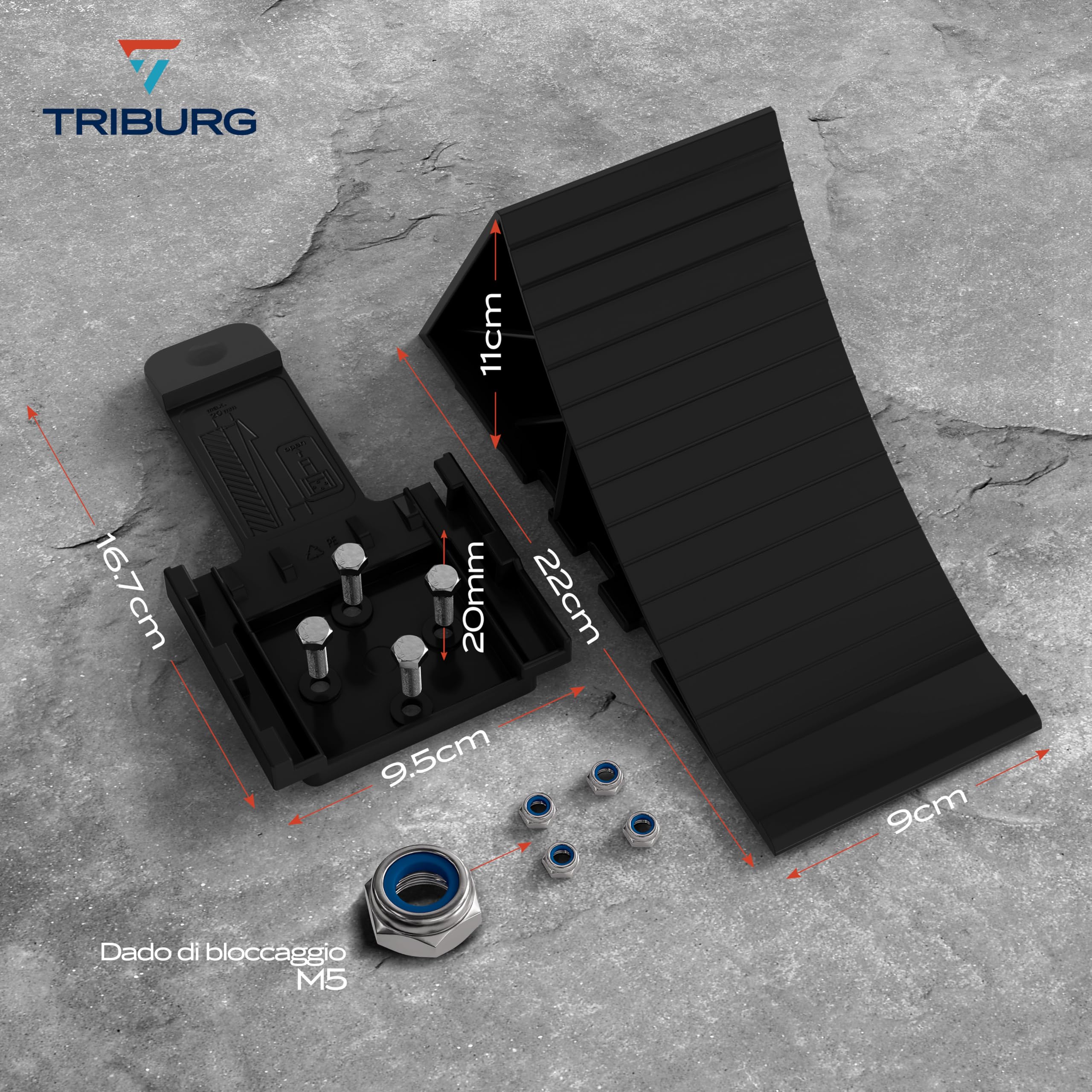Cunei per Ruote TRIBURG Con Supporto [Set di 2] e Materiale di Montaggio - Per Rimorchi, Caravan e Camper Fino a 1600 kg di Carico Sull'Asse
