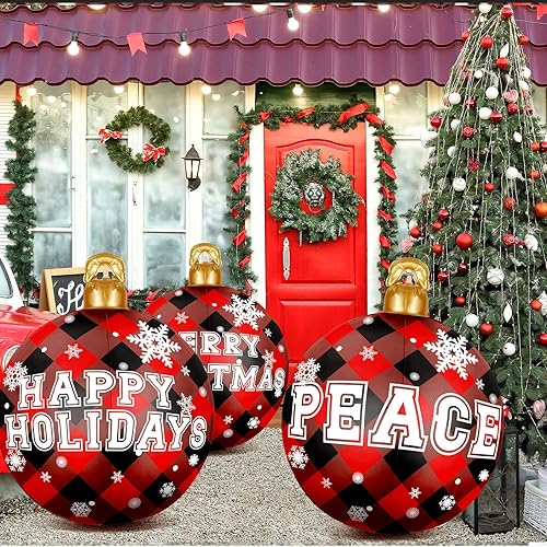 Miniatura 6 de 4 bolas inflables gigantes de Navidad de 25 pulgadas, bolas inflables de búfalo rojo y negro, adornos inflables gigantes para Navidad al aire libre,