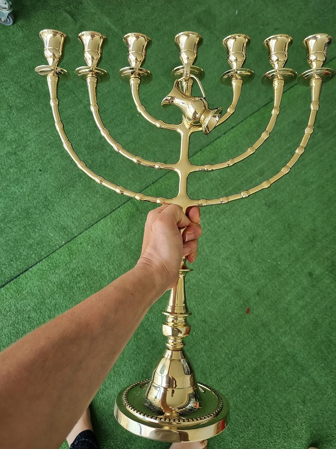 Authentic Menorah Jerusalem Temple 7 Seven - Branch 18.5" (47cm) XL Brass Candelabra with Jug | Jewish Home Decor for Candles & Oil