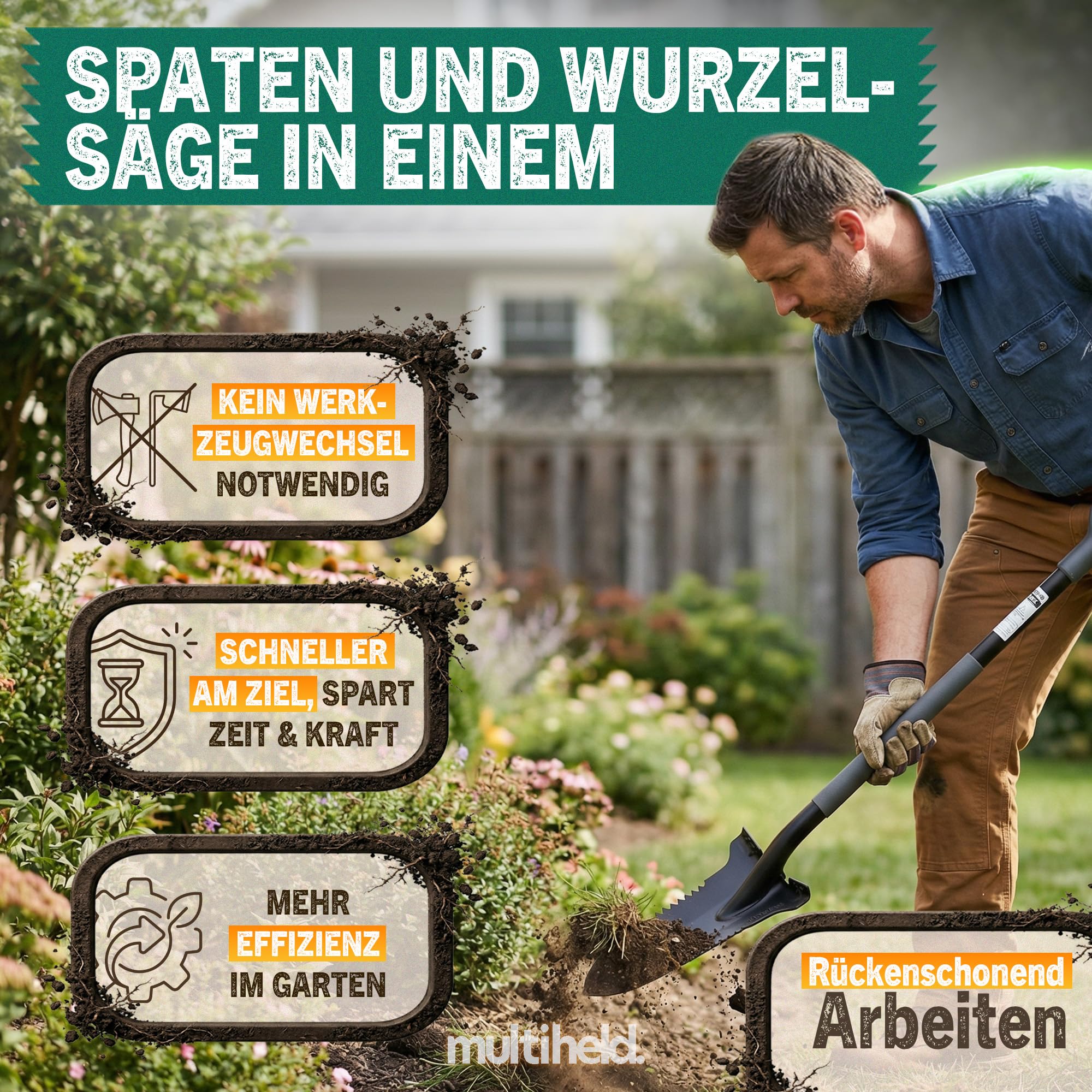 Spaten Garten Wurzelspaten mit Wurzelsäge 120 cm – Gartenspaten für Harte Böden, 1050Mn Stahl, ergonomischer Softtouch-Griff, extra breite Trittkante, Robustes Gartenwerkzeug (grau)