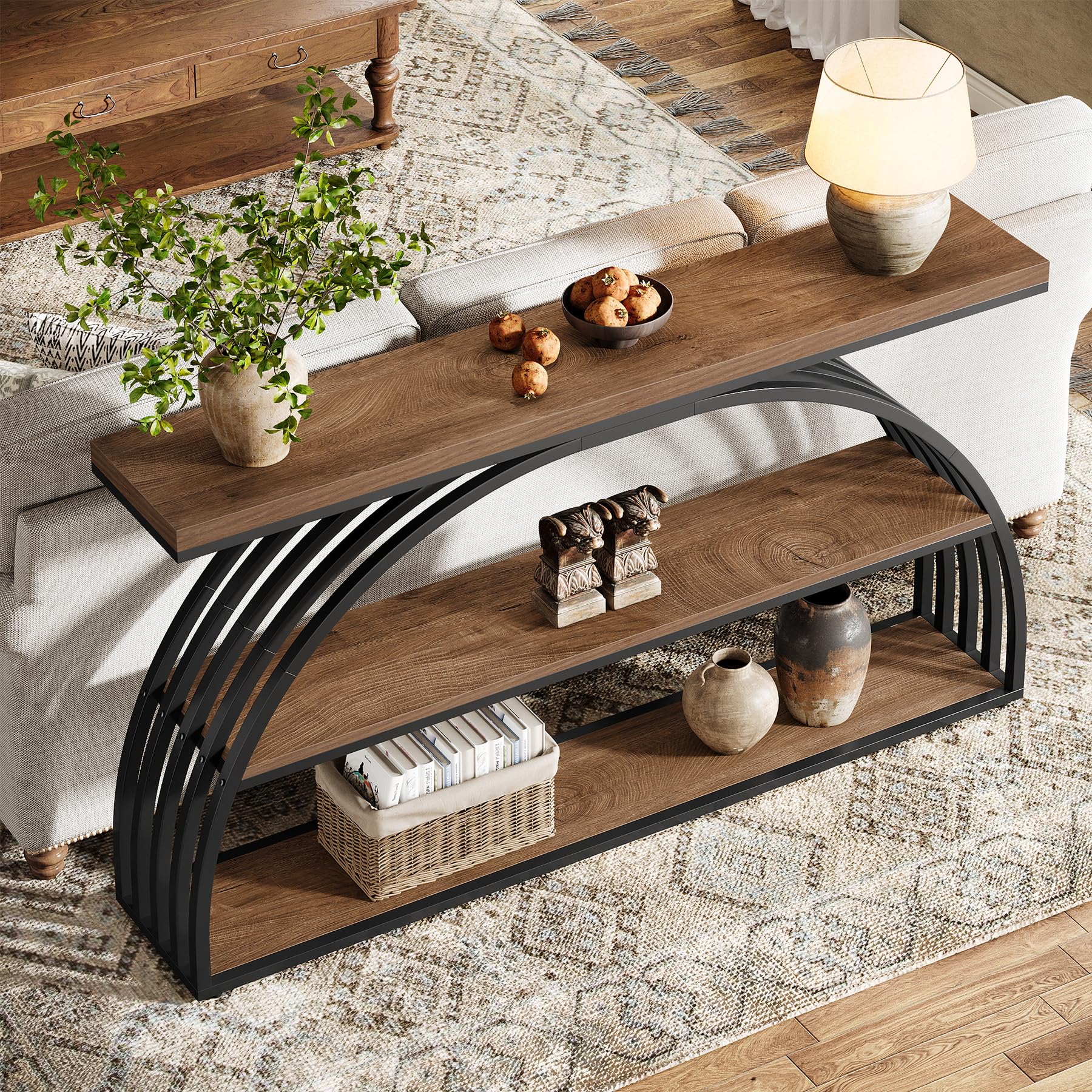 Tribesigns Konsolentisch für den Eingangsbereich, 160 cm Langer Tisch im Landhausstil mit gewölbtem Rahmen, 3-stufige industrielle Sofakonsolen hinter dem Sofa für Wohnzimmer, Flur, rustikales Braun