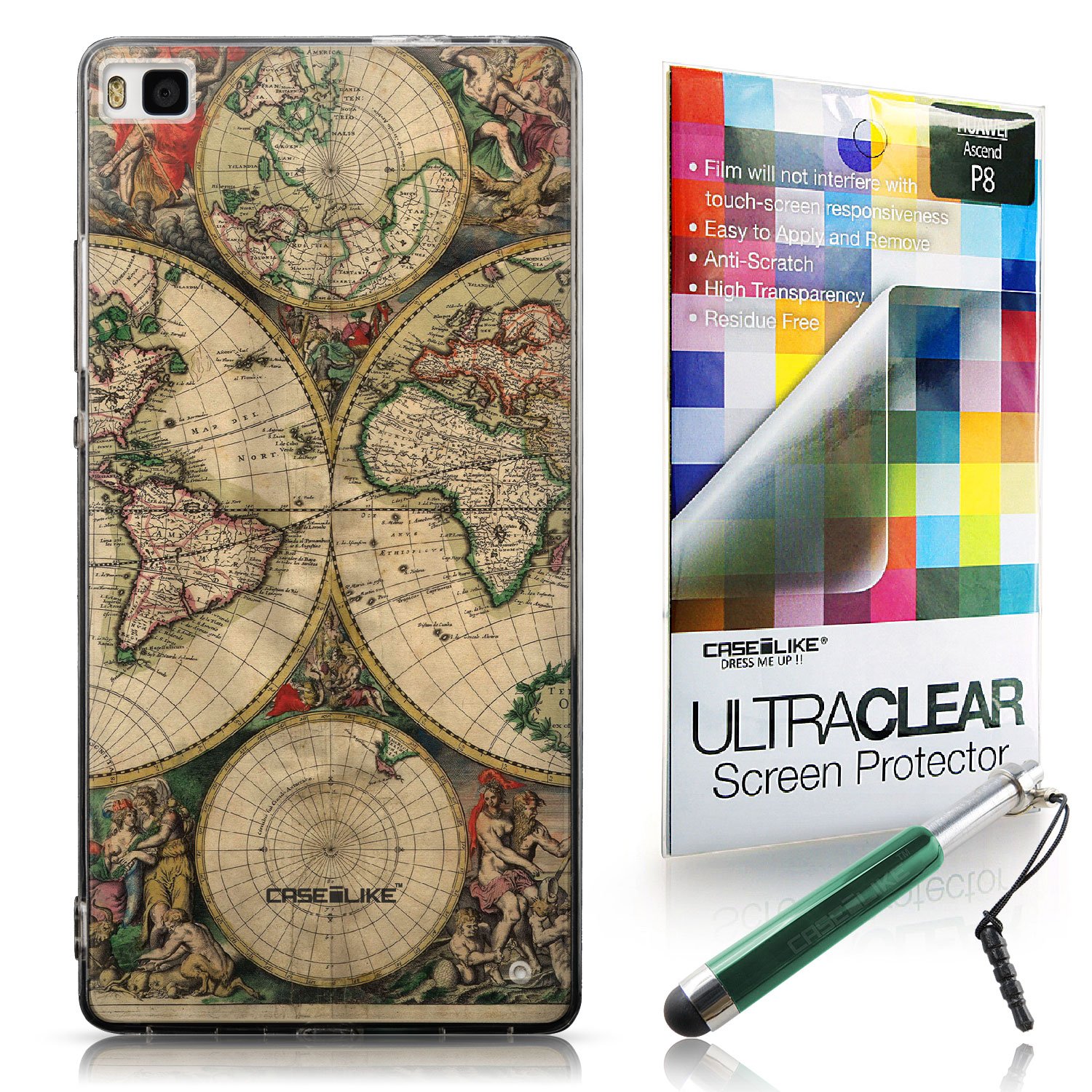 CASEiLike World Map Vintage 4607 Ultra Slim Bumper Snap-on case back cover for Huawei P8 +Screen Protector +Retractable Stylus Pens (Random Color)