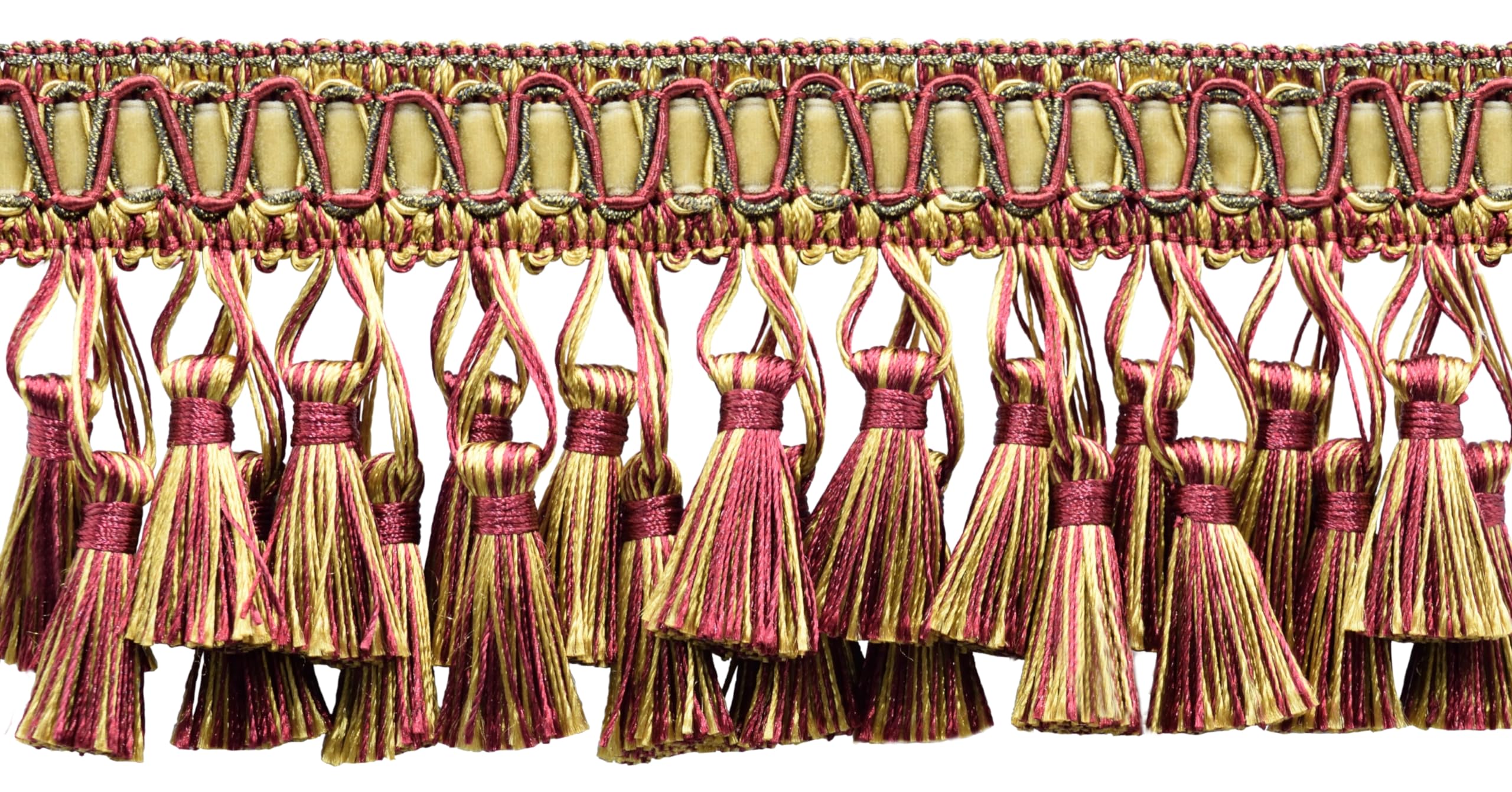 Passementerie or et bordeaux de 76mm pour décorer vos rideaux et coussins de salon
