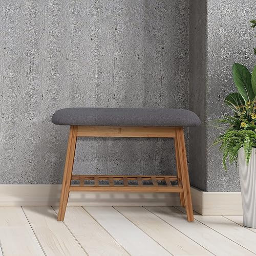 Miniatura 2 de Henf Banco de zapatos, organizador de almacenamiento de zapatos de bambú con asiento acolchado para entrada, dormitorio, sala de estar, pasillo,