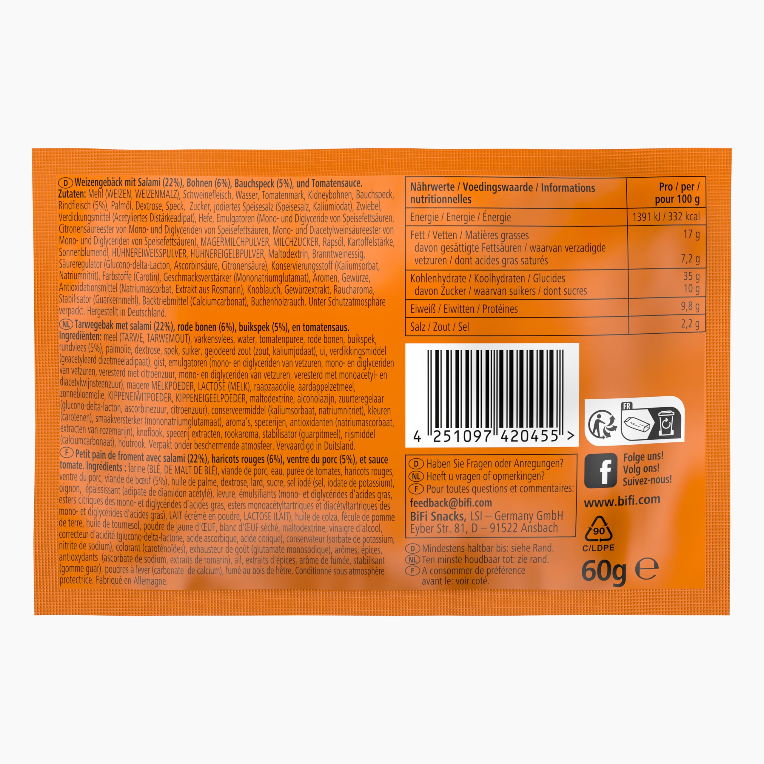 BiFi Ranger, Snack a Base di Salame, Fagioli e Bacon in Morbido Panino, da Gustare in Viaggio, in Ufficio o Quando fai Sport, Carne di Manzo e Maiale, Confezione da 20 (20 X 60 g)
