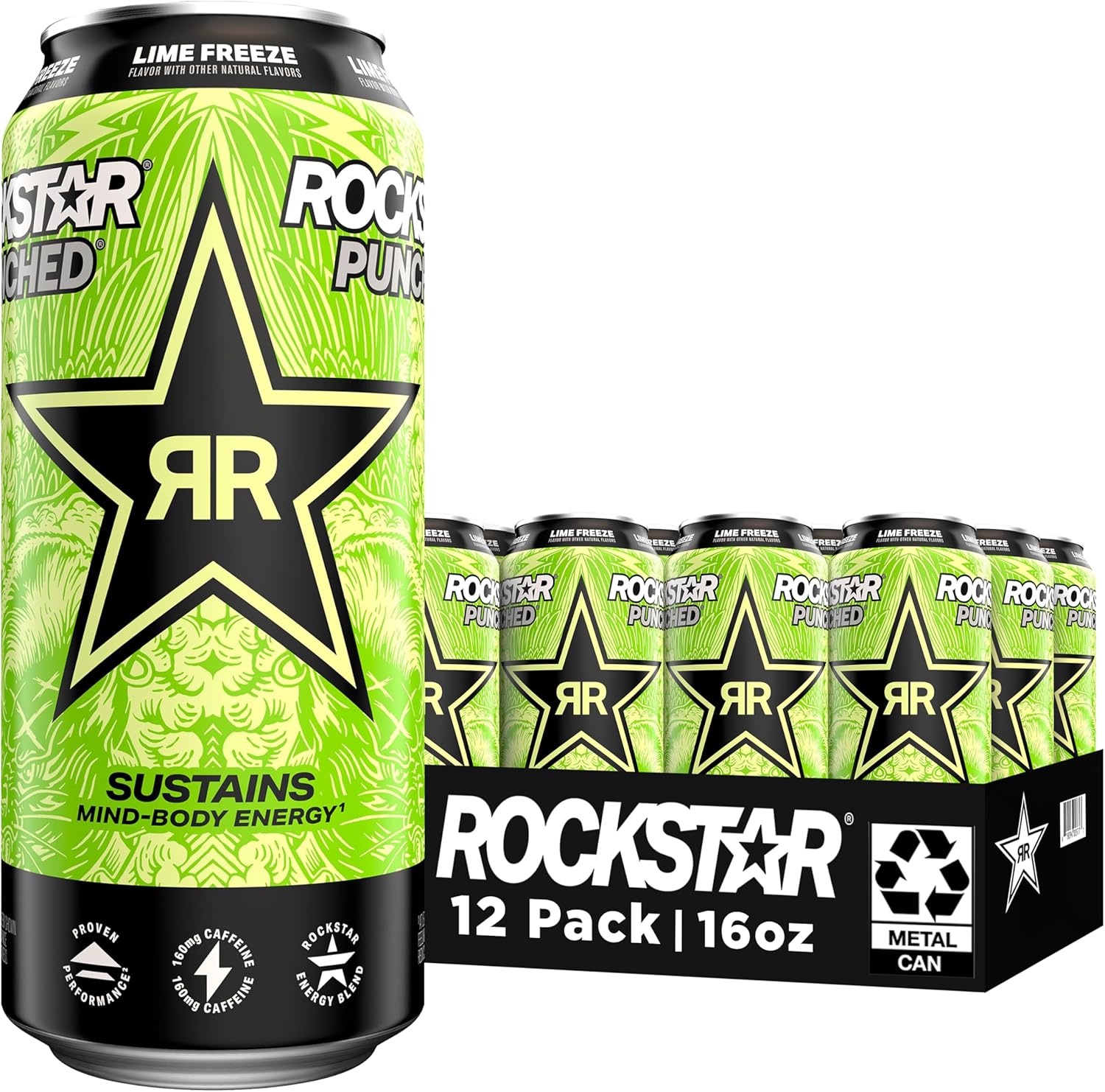 Rockstar Punched Energy Drink, Lime Freeze, 16 Fl Oz Cans (Pack of 12)
