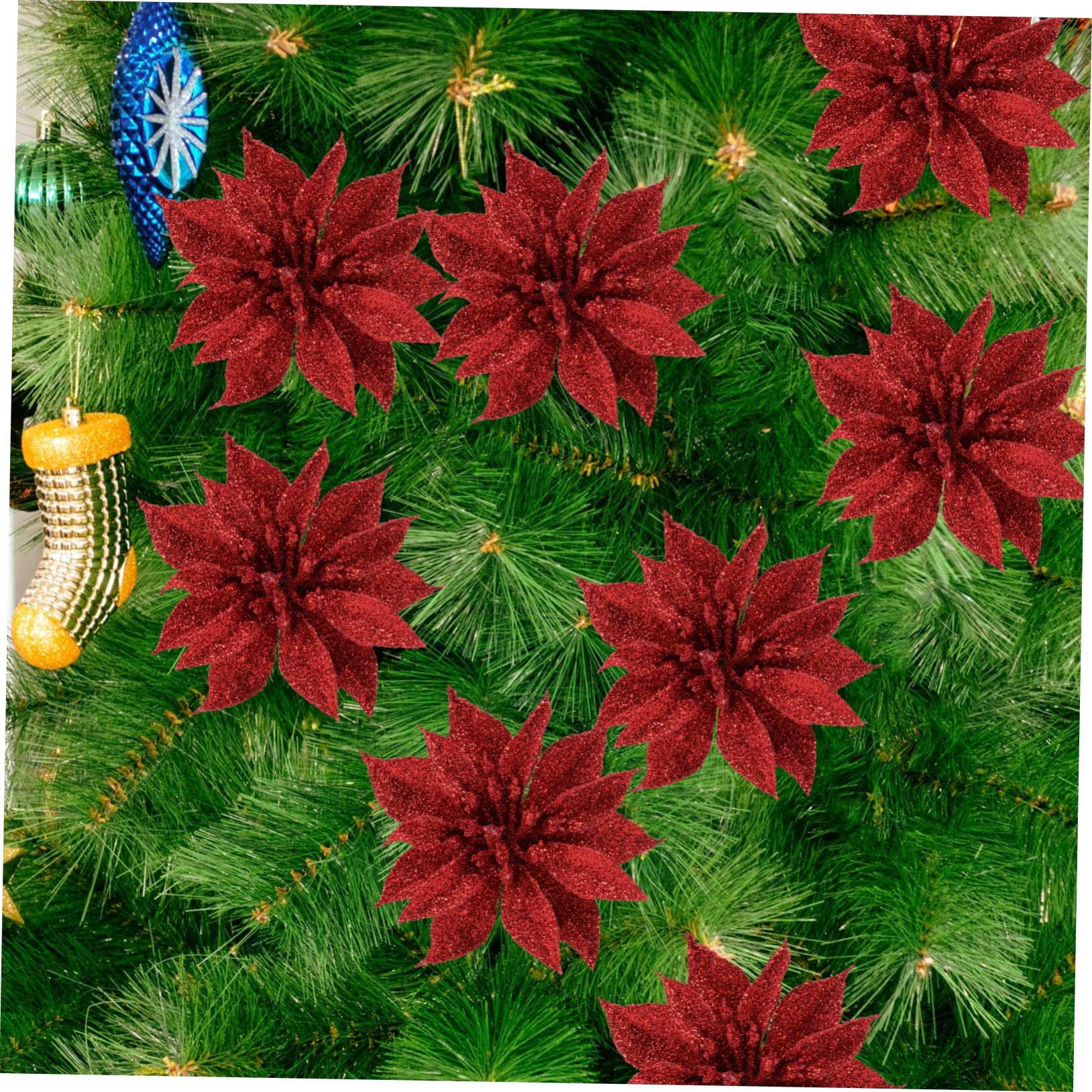 Pendentif De Noël Fleur en Tissu Rouge Paillettes 12 Pièces Décoration d'arbre De Noël Intérieure Et Extérieure Fournitures De Fête
