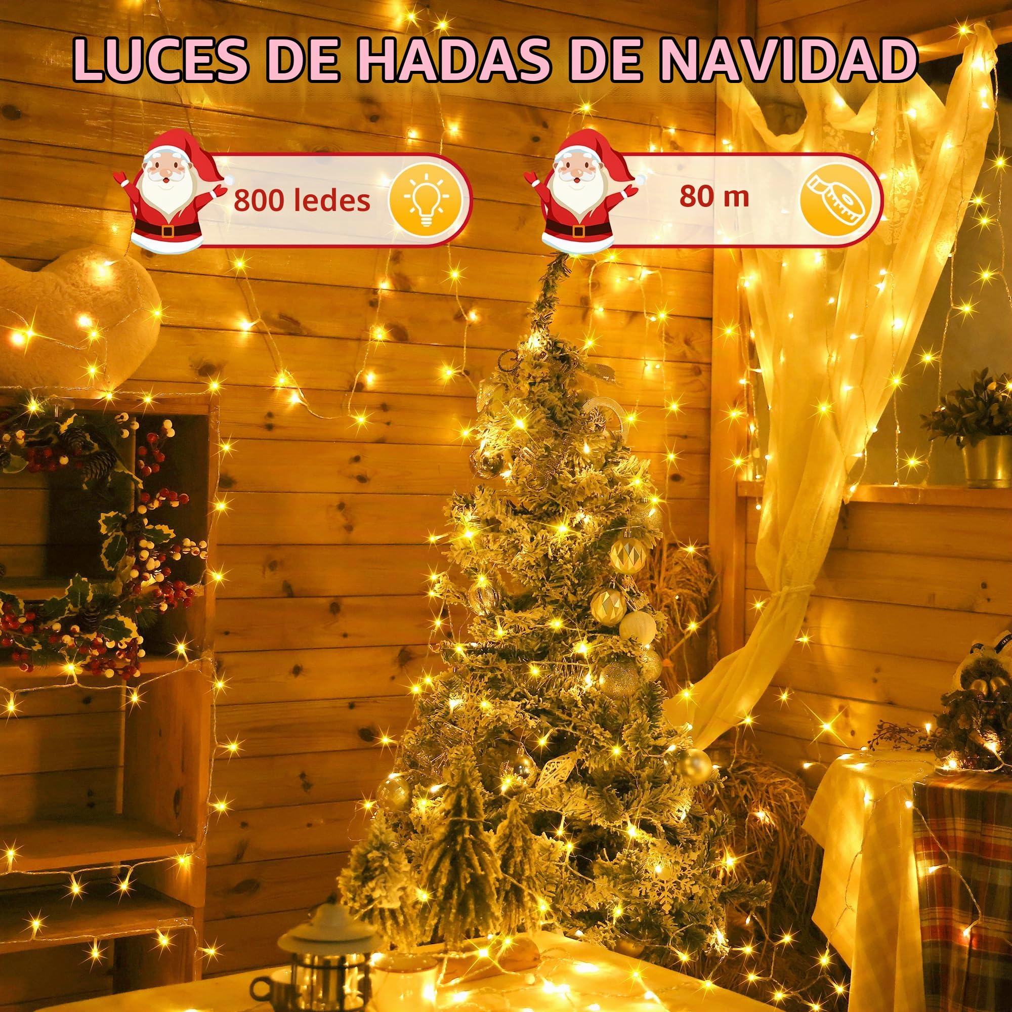 Auriostar Guirnalda Luces Navidad Exterior IP44 Impermeable, 8 Modos Arbol LED 80m 800LEDs, Luces para Balcon, Habitacion, Fiestas, Boda (Blanco Cálido)