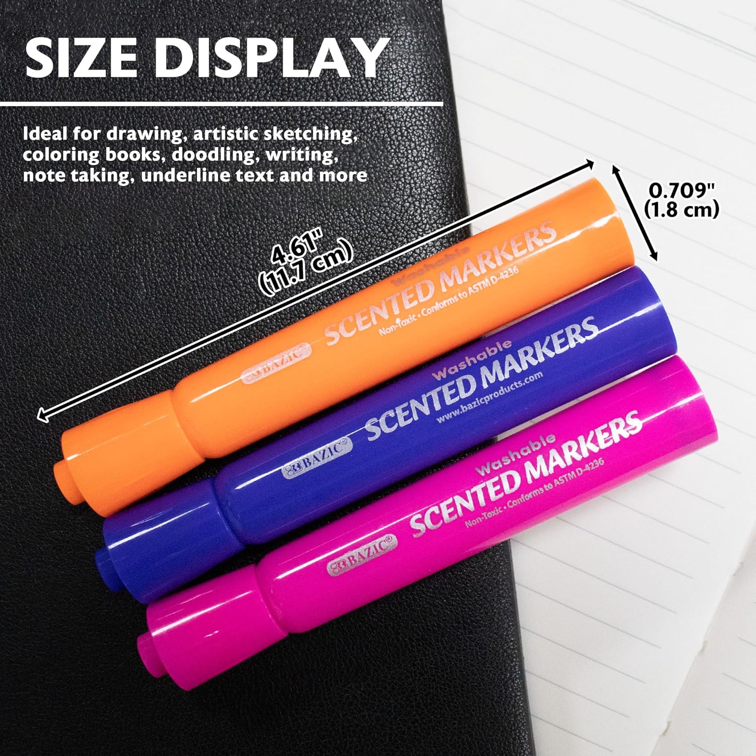 BAZIC Products Washable Fruit Scented Markers Broad Line 10 Color, Chisel Tip Broad Fine Line, Non Toxic Marcadorc Art School Supplies (10/Pack), 24-Packs