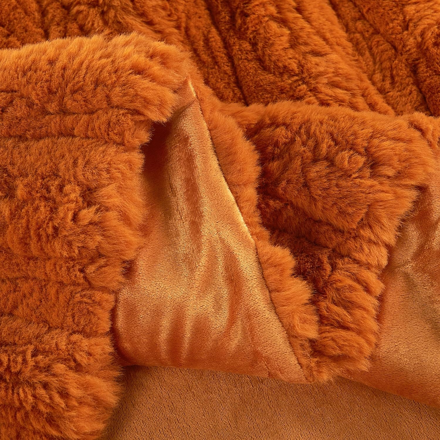 Luxury Faux Fur Throw Blanket Reversible to Cozy Velvet, 750GSM Soft Plush Warm Elegant Fuzzy Blanket for Couch, Bed, Sofa Fluffy Decorative Blankets, 50"x60", Burnt Orange