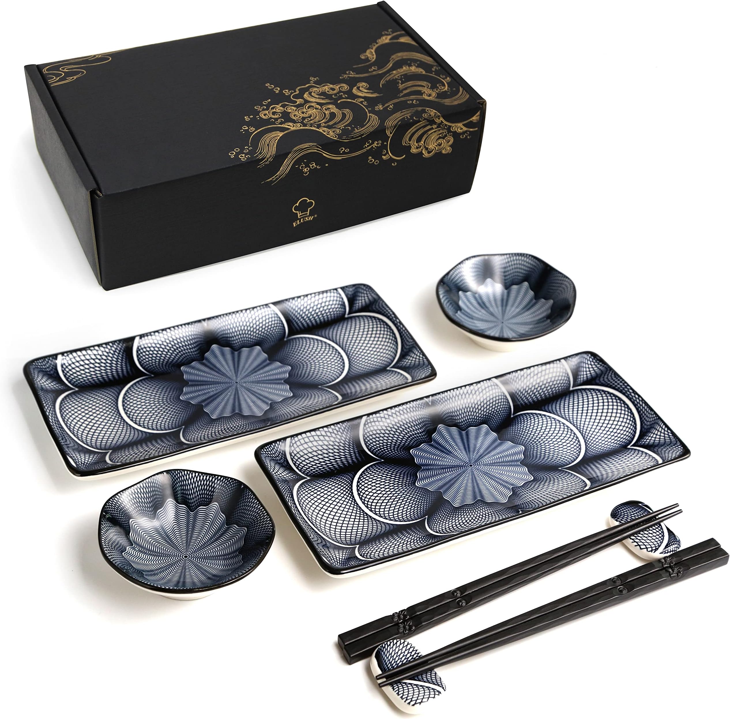 8 Piece Japanese Style Ceramic Sushi Plate Set 10-inch rectangle sushi dishes- 2 Sushi Plates, 2 Sauce Dishes, 2 Pairs of Chopsticks, 2 Chopsticks Holders