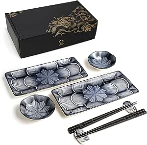 8 Piece Japanese Style Ceramic Sushi Plate Set - 10-inch Rectangular Dishes with Chopsticks and Holders