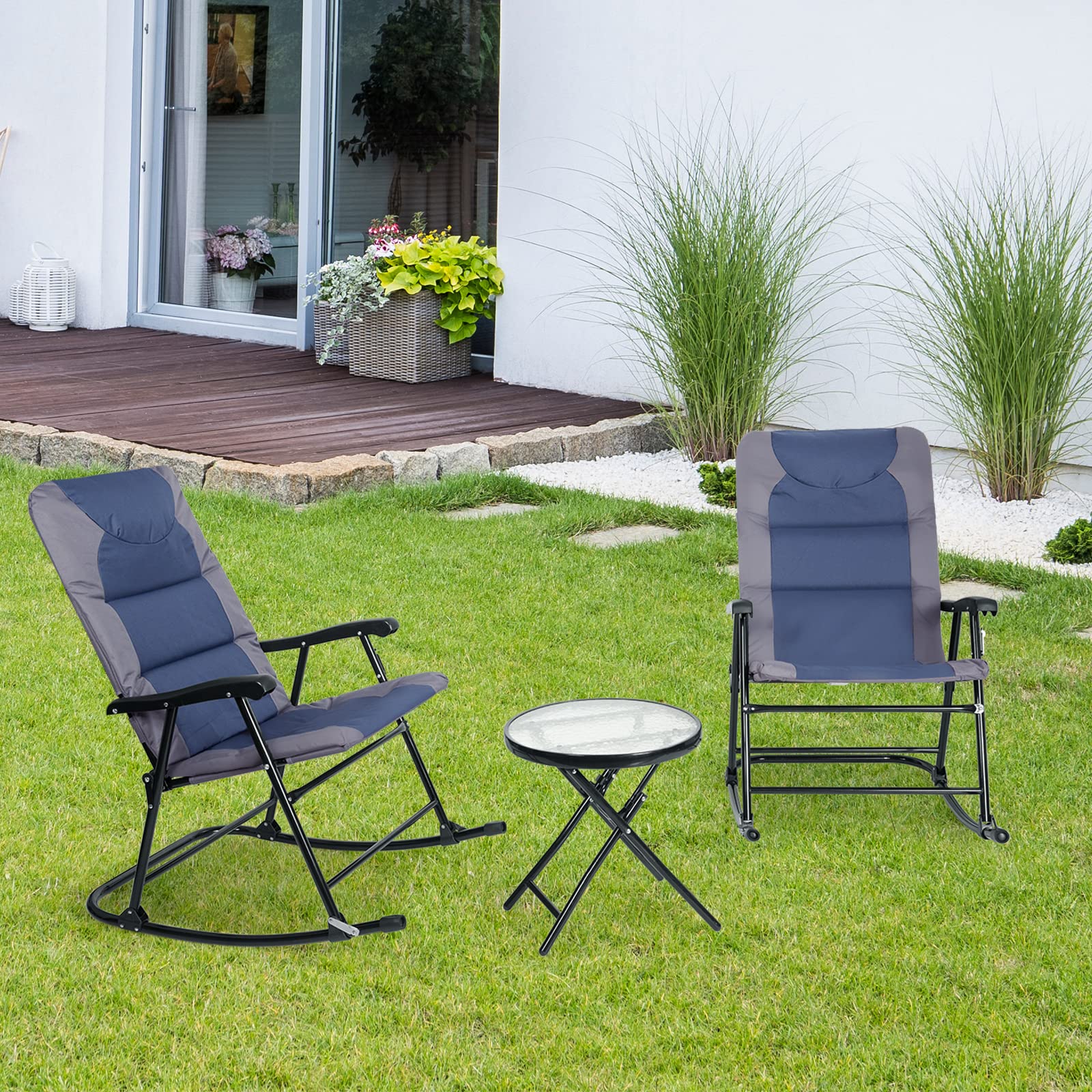 GIANTEX Juego de Mecedora Plegable de Muebles de Balcón, Juego de 3 Piezas con 1 Mesa de Café y 2 Mecedoras, Set de Bistró para Jardín, Tumbona Exterior (Azul)