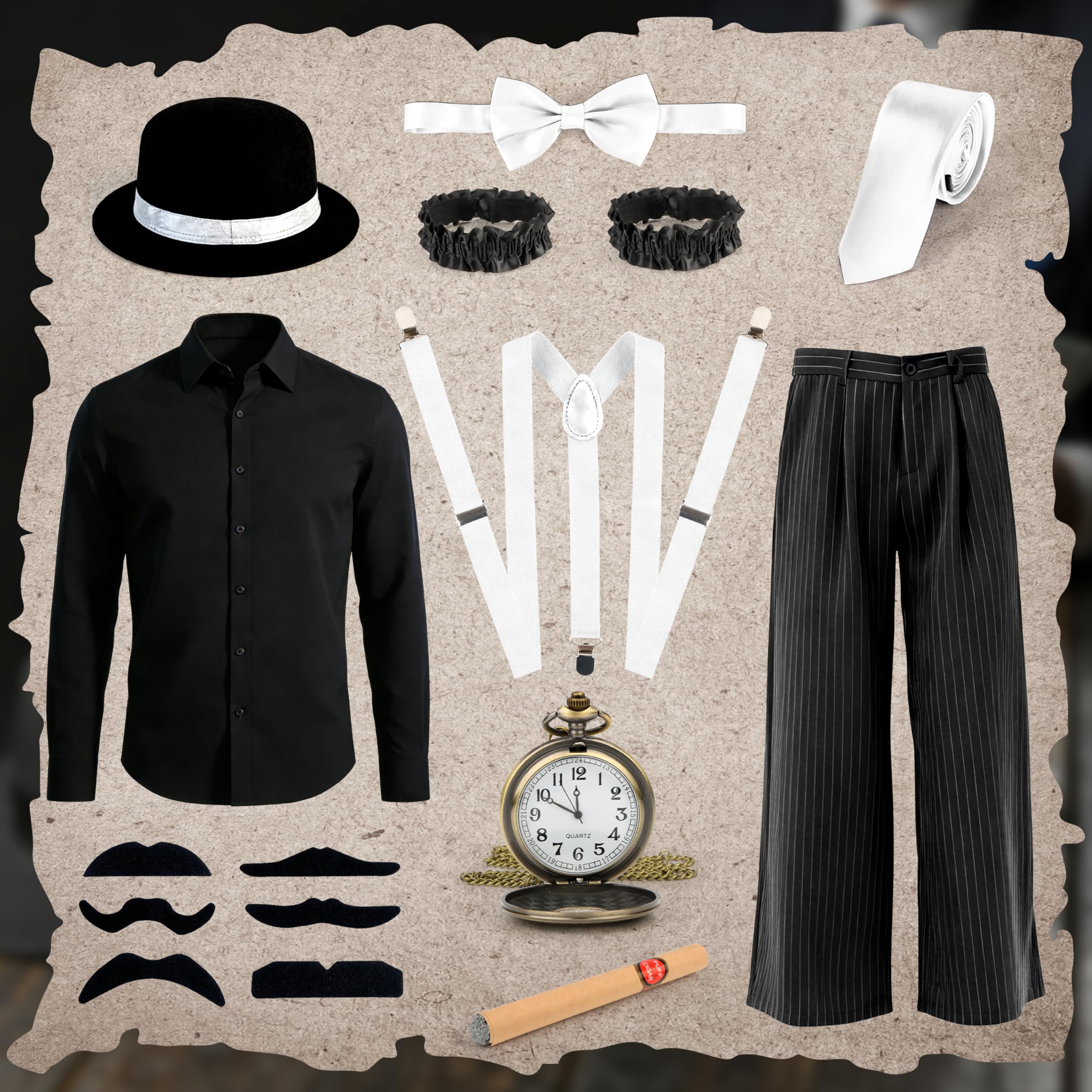 Charmofun Vestiti Anni 20 Uomo, Costume Gangster Uomo Anni ’20 con Camicia, Pantaloni, Bretelle e Cappello, Set di Accessori Mafia Vintage per Carnevale e Feste a Tema (Nero, L)