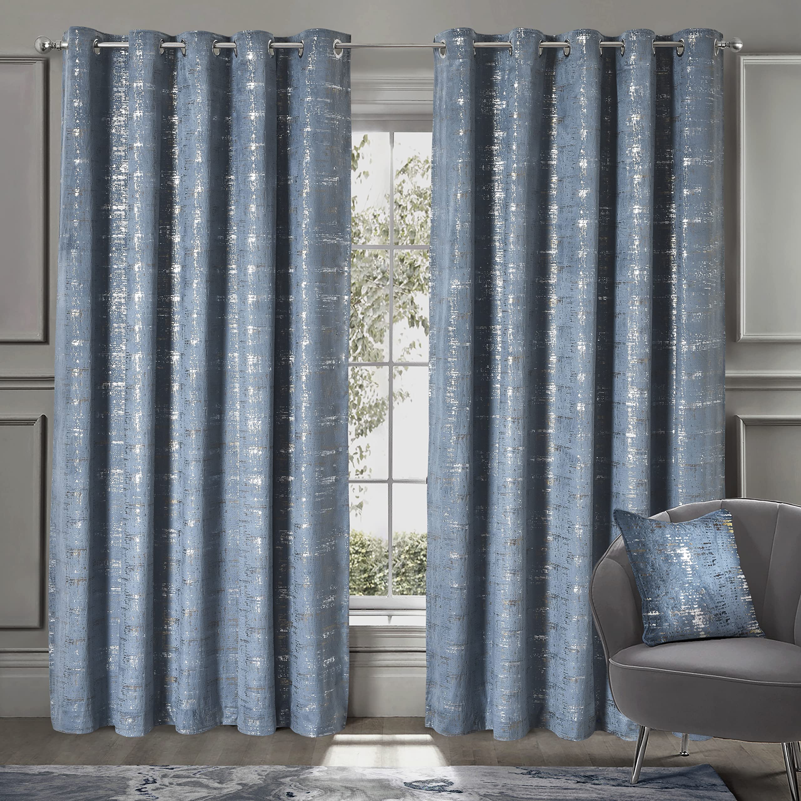 Intimates Luxury Velvet Thermal Metallic Sparkly Shimmer Finish Eyelet Ring Top Curtain Panel Pair Fully Lined (Blue, 66" Width x 72" Drop)