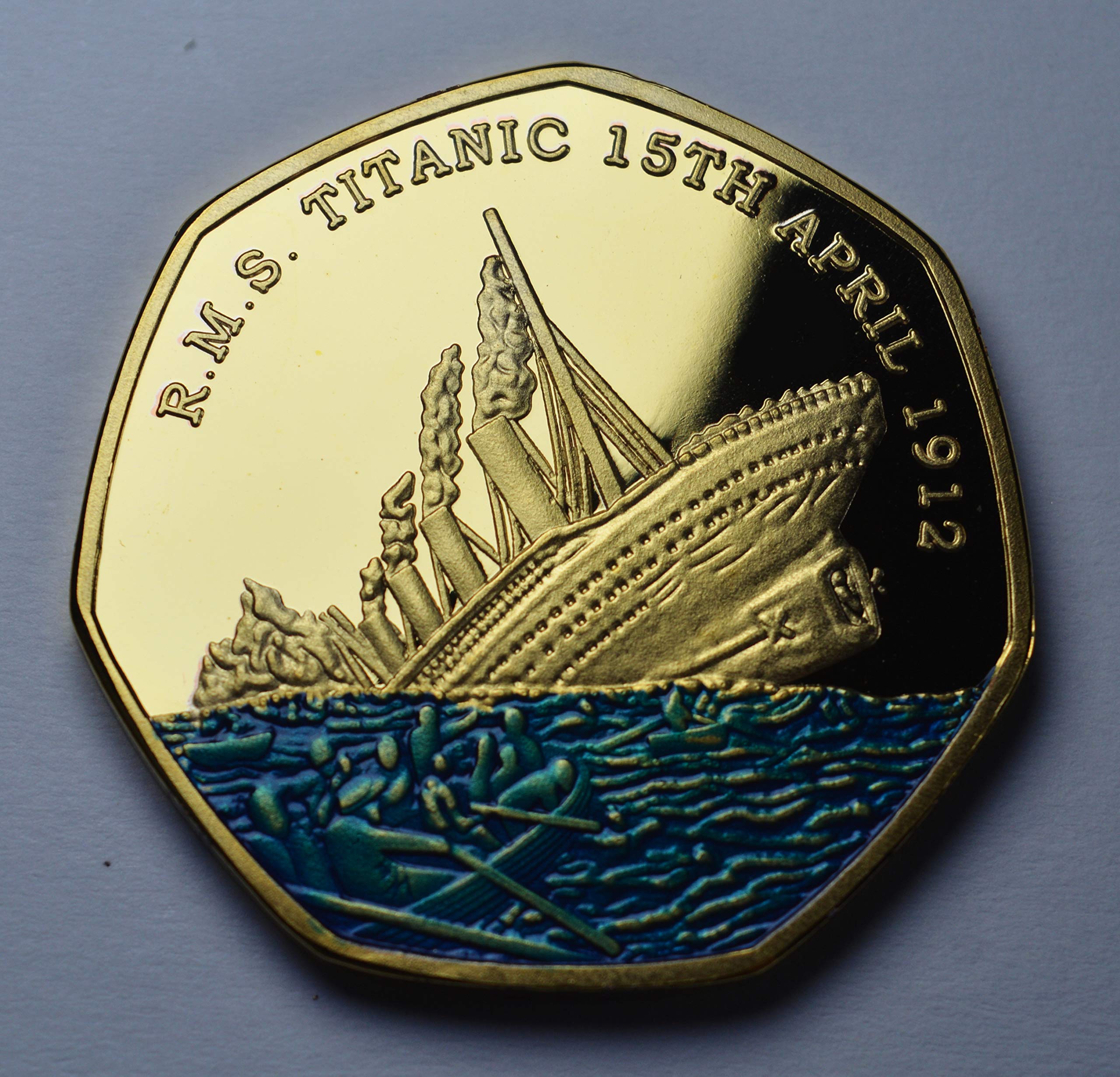 The Commemorative Coin Company RMS Titanic 24ct Gold Commemorative. Blue Enamel. World Heritage Site/Wreck. White Star Line, Ocean Liner, Olympic Class, 1912