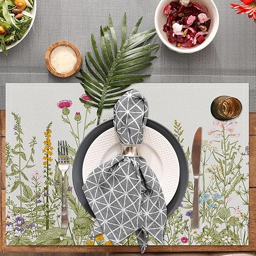 Miniatura 2 de Juego de 6 manteles individuales vintage con flores silvestres de 12 x 18 pulgadas, manteles individuales de tela de lino con plantas de jardín